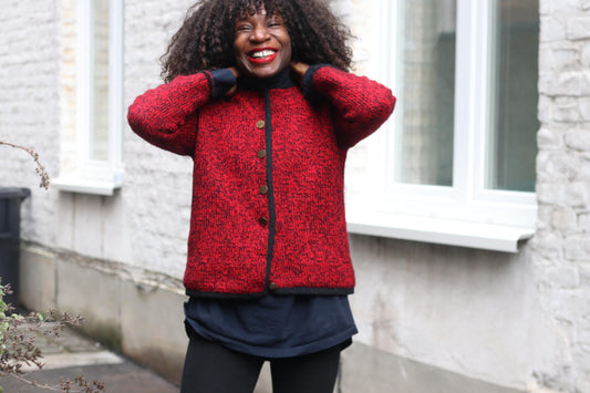 Vintage Red Trachten Wool Jacket Ornate Lining Austrian Knit Boiled Wool Cardigan
