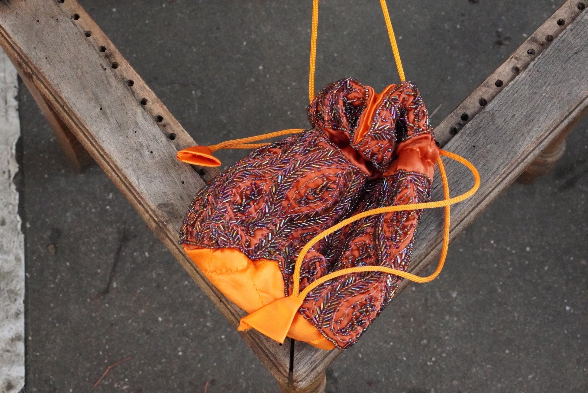 Vintage Beaded Drawstring Pouch Bag Orange Silk Satin Boho Evening Purse Handmade