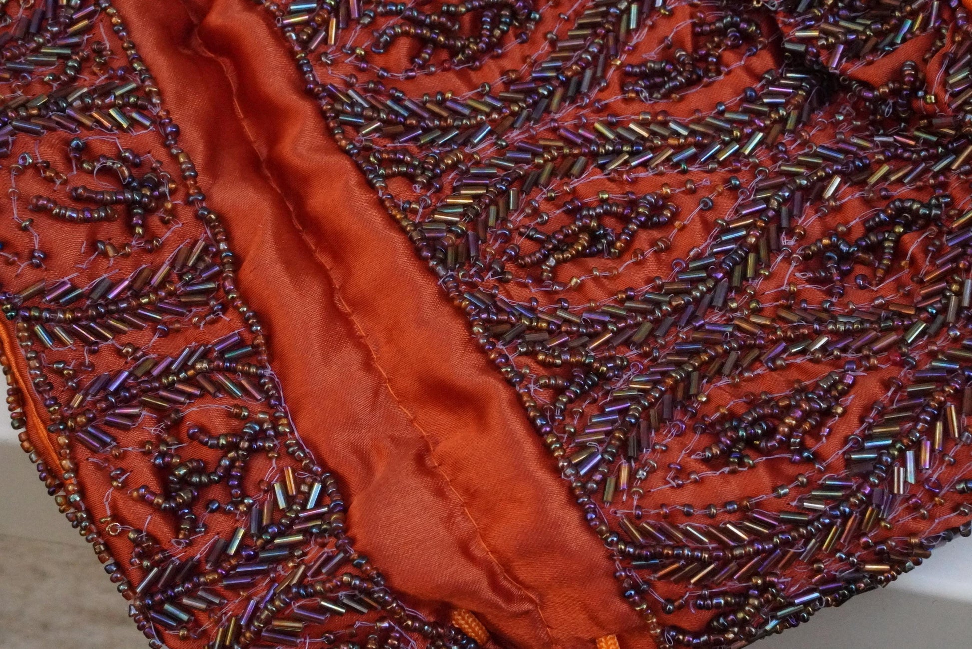 Vintage Beaded Drawstring Pouch Bag Orange Silk Satin Boho Evening Purse Handmade