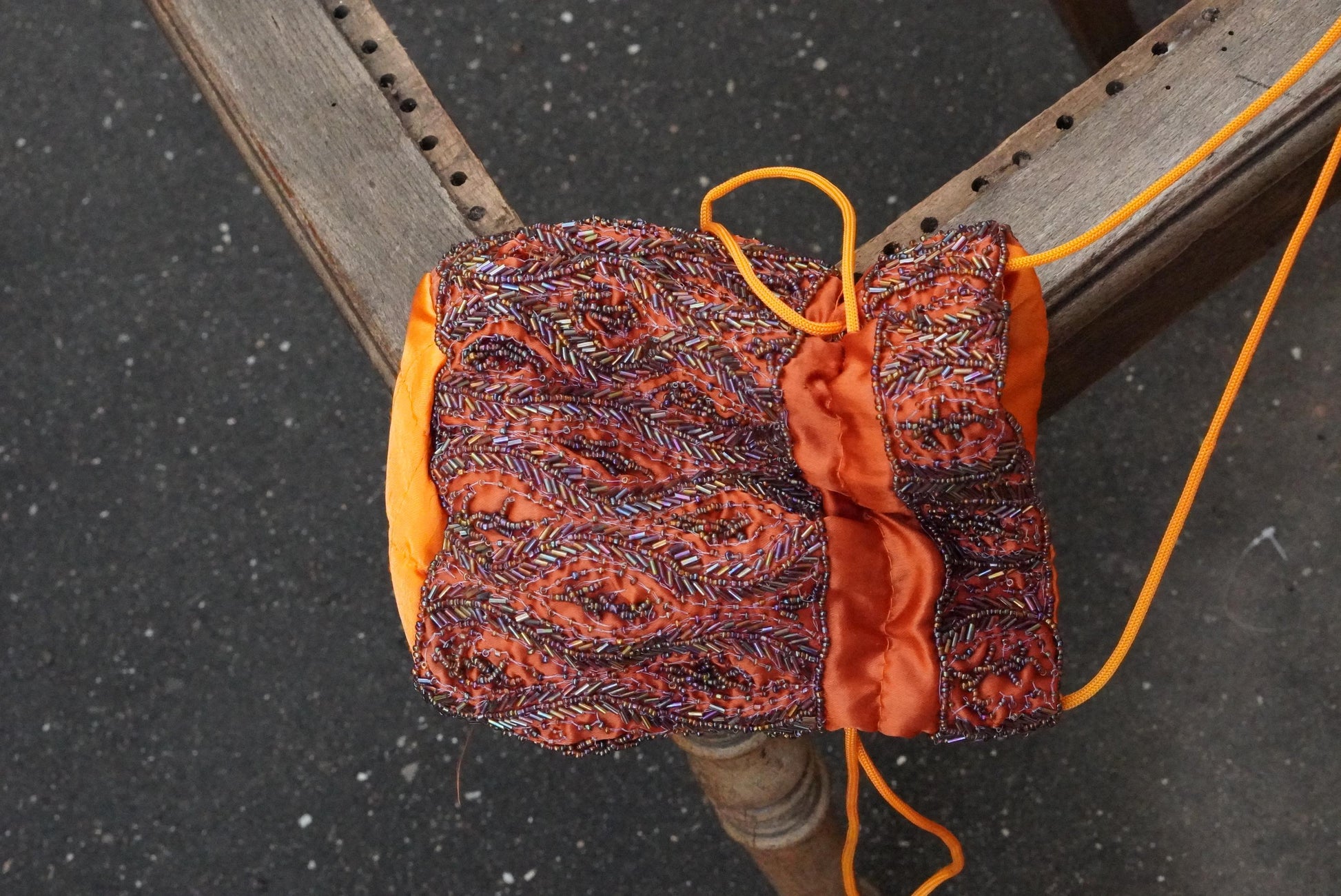 Vintage Beaded Drawstring Pouch Bag Orange Silk Satin Boho Evening Purse Handmade