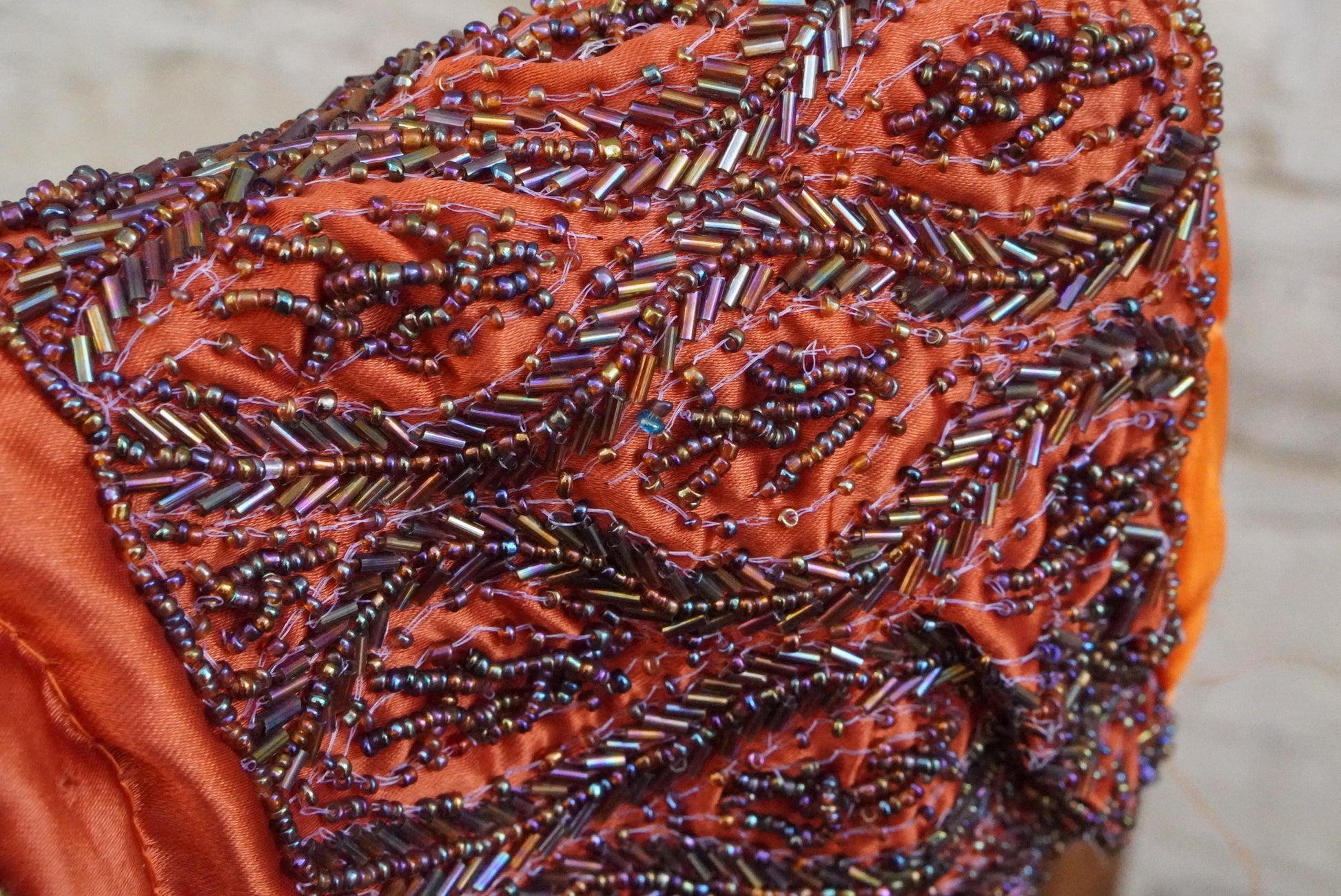 Vintage Beaded Drawstring Pouch Bag Orange Silk Satin Boho Evening Purse Handmade