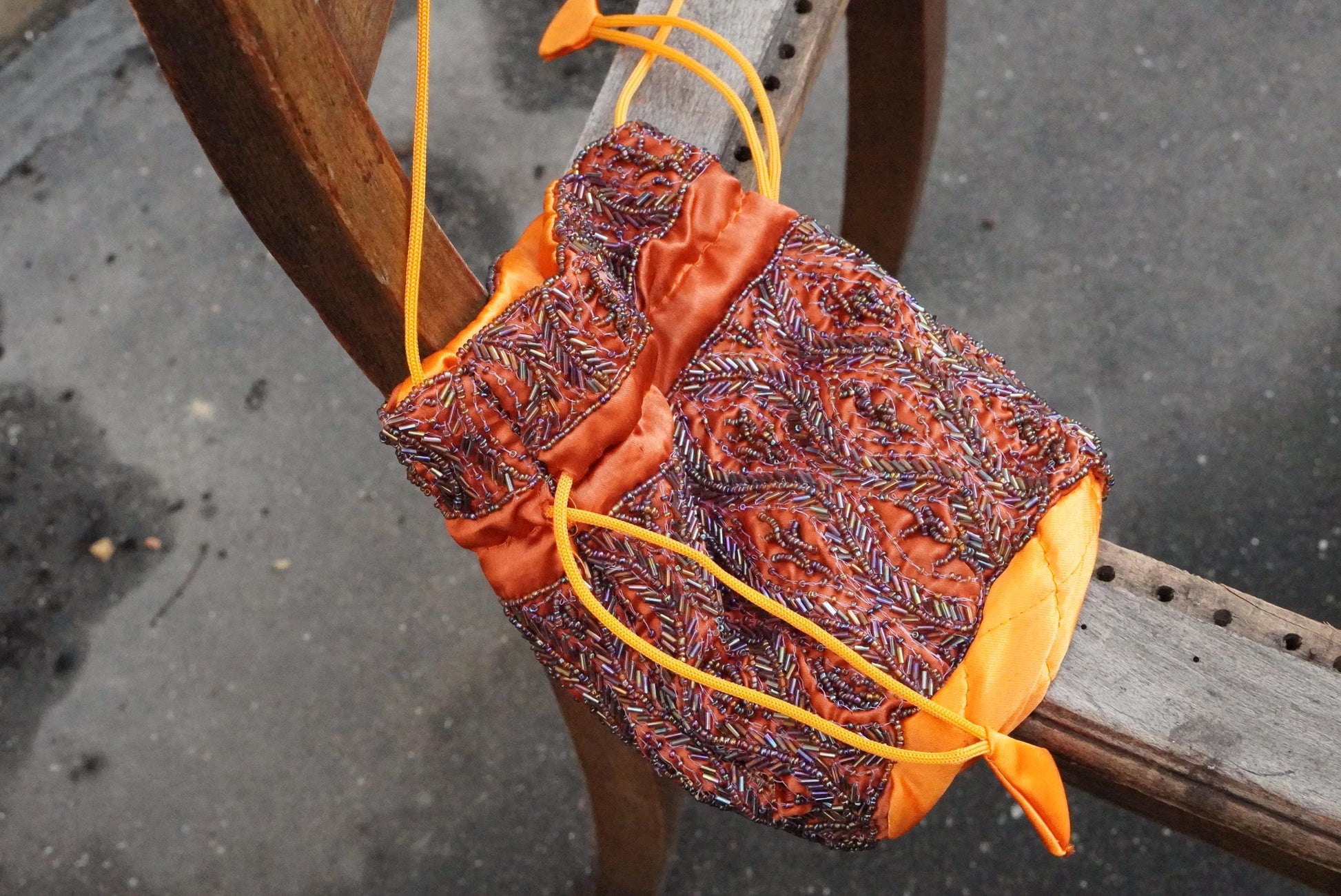 Vintage Beaded Drawstring Pouch Bag Orange Silk Satin Boho Evening Purse Handmade