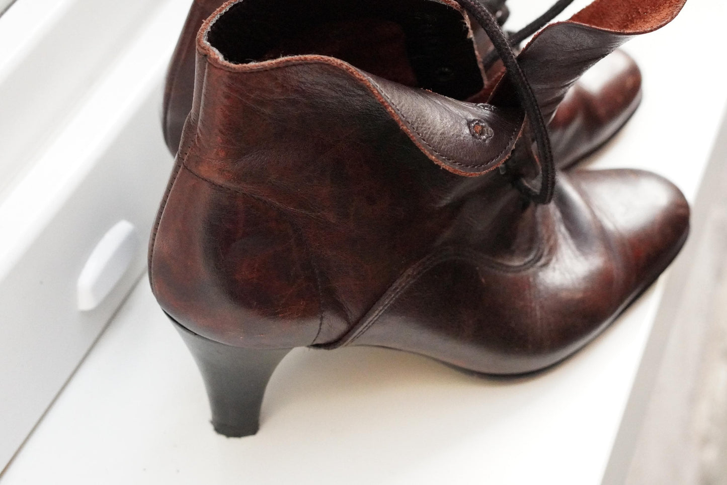 Victorian Style Leather Lace Up Boots Brown Granny Ankle Boots Witchy Heel Size 37
