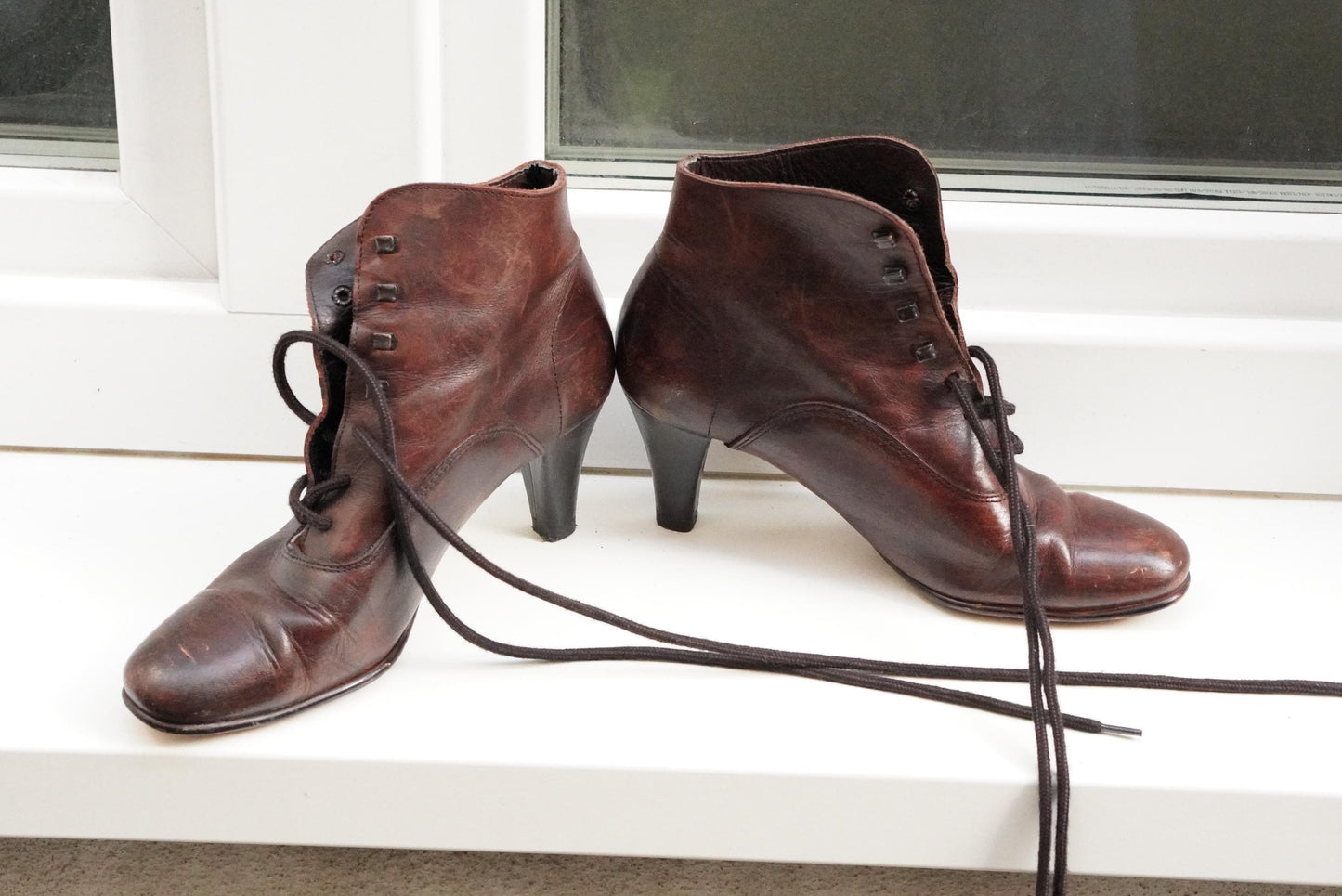 Victorian Style Leather Lace Up Boots Brown Granny Ankle Boots Witchy Heel Size 37