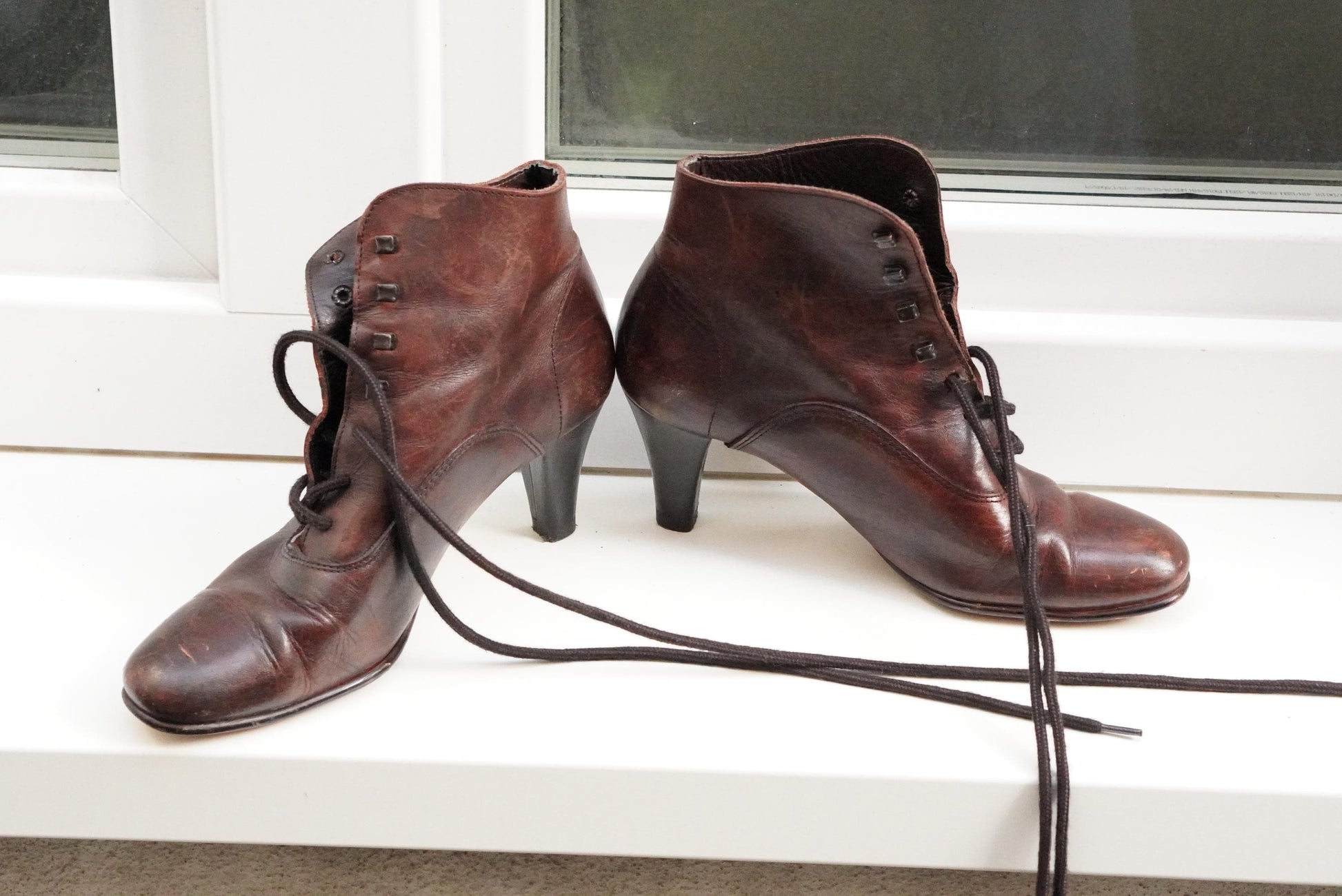 Victorian Style Leather Lace Up Boots Brown Granny Ankle Boots Witchy Heel Size 37