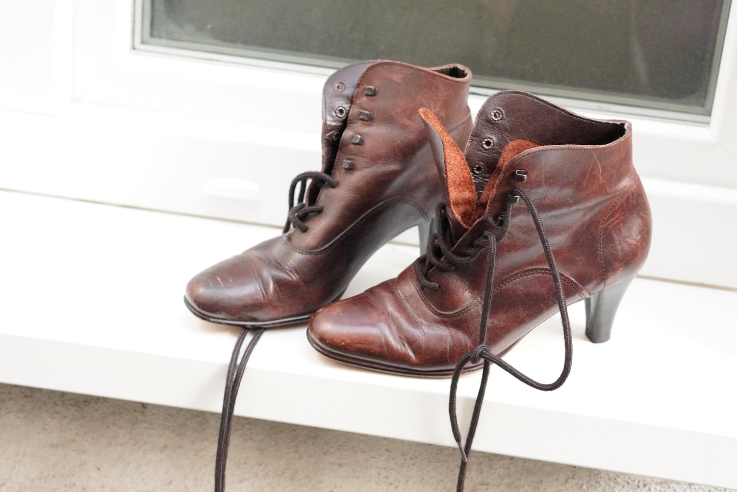 Victorian Style Leather Lace Up Boots Brown Granny Ankle Boots Witchy Heel Size 37