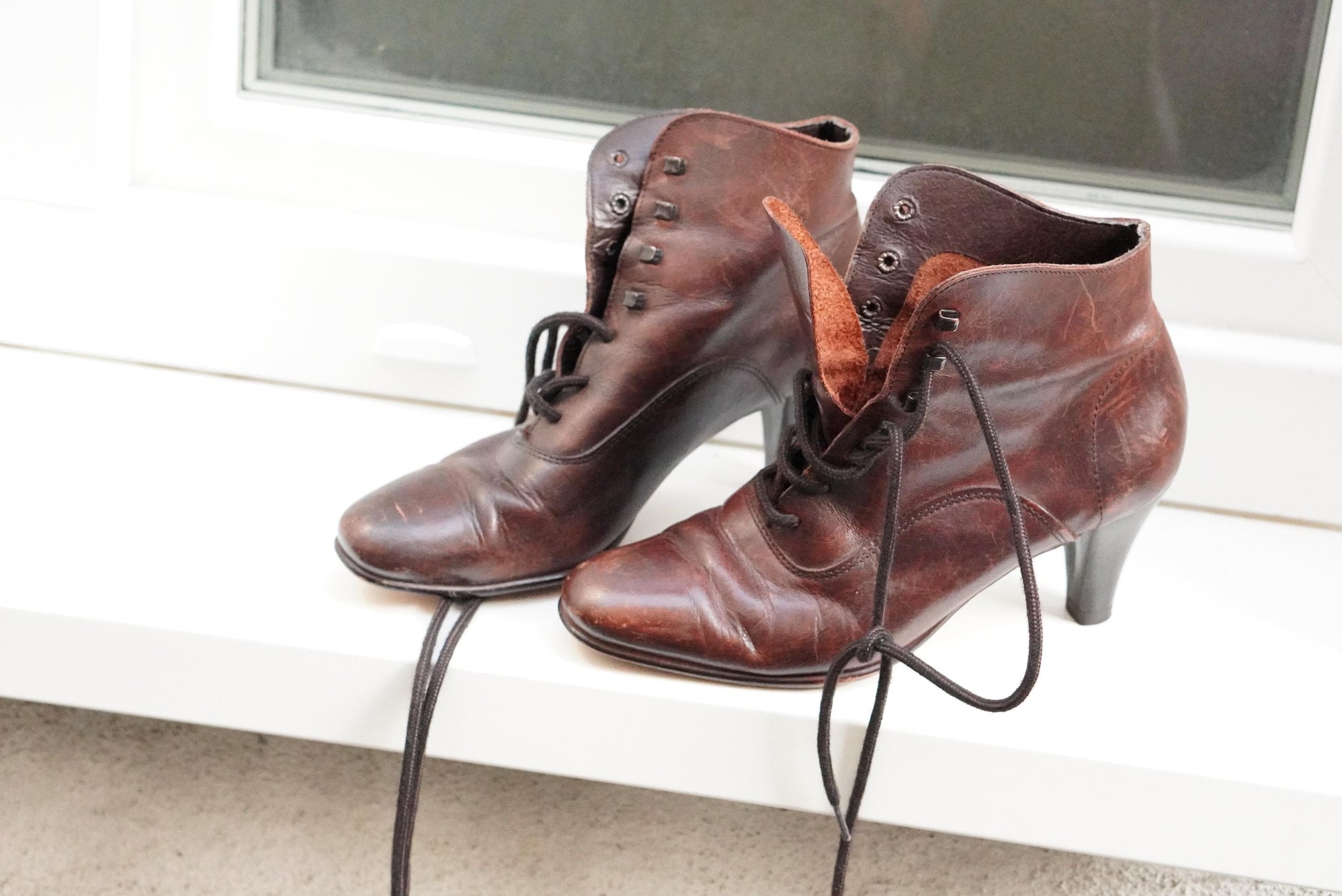 Victorian Style Leather Lace Up Boots Brown Granny Ankle Boots Witchy Heel Size 37