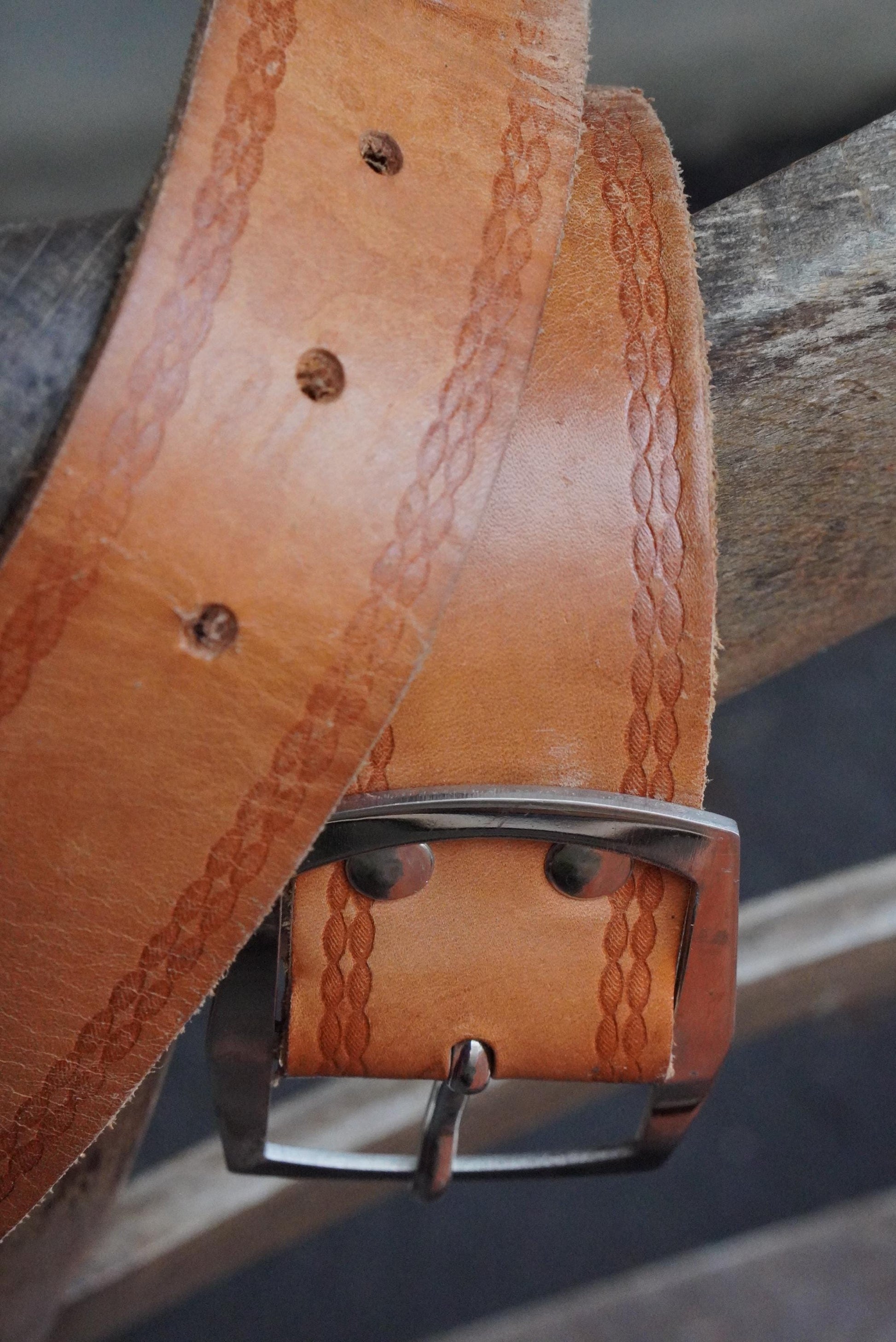 Vintage Leather Belt Hand Tooled Tan Boho 70s Western Waist Belt Silver Buckle