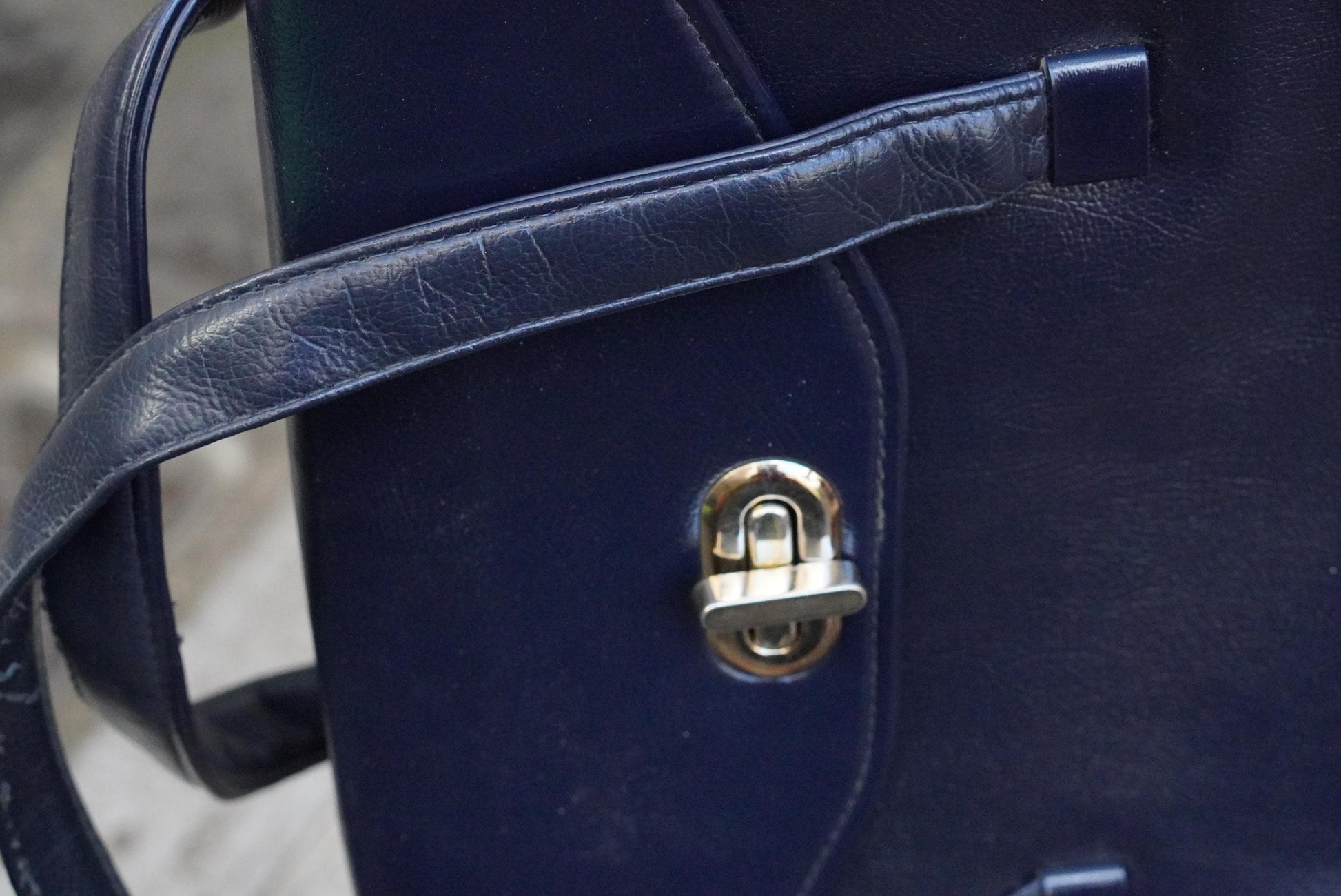 Navy Blue Top Handle Bag Vintage 60s Structured Satchel Gold Twist Lock Retro