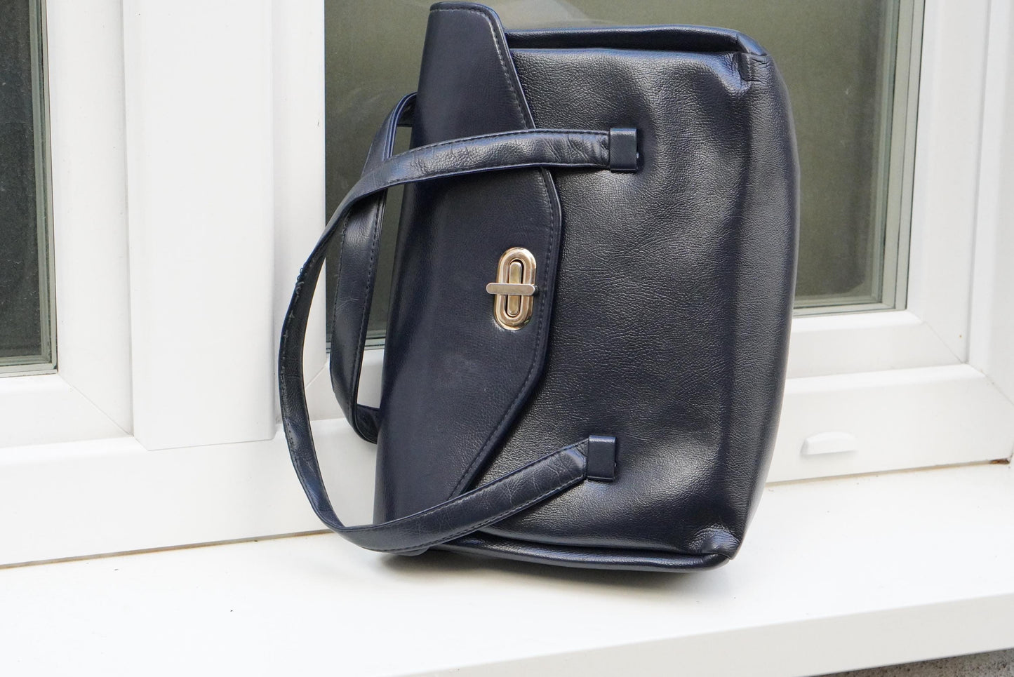 Navy Blue Top Handle Bag Vintage 60s Structured Satchel Gold Twist Lock Retro
