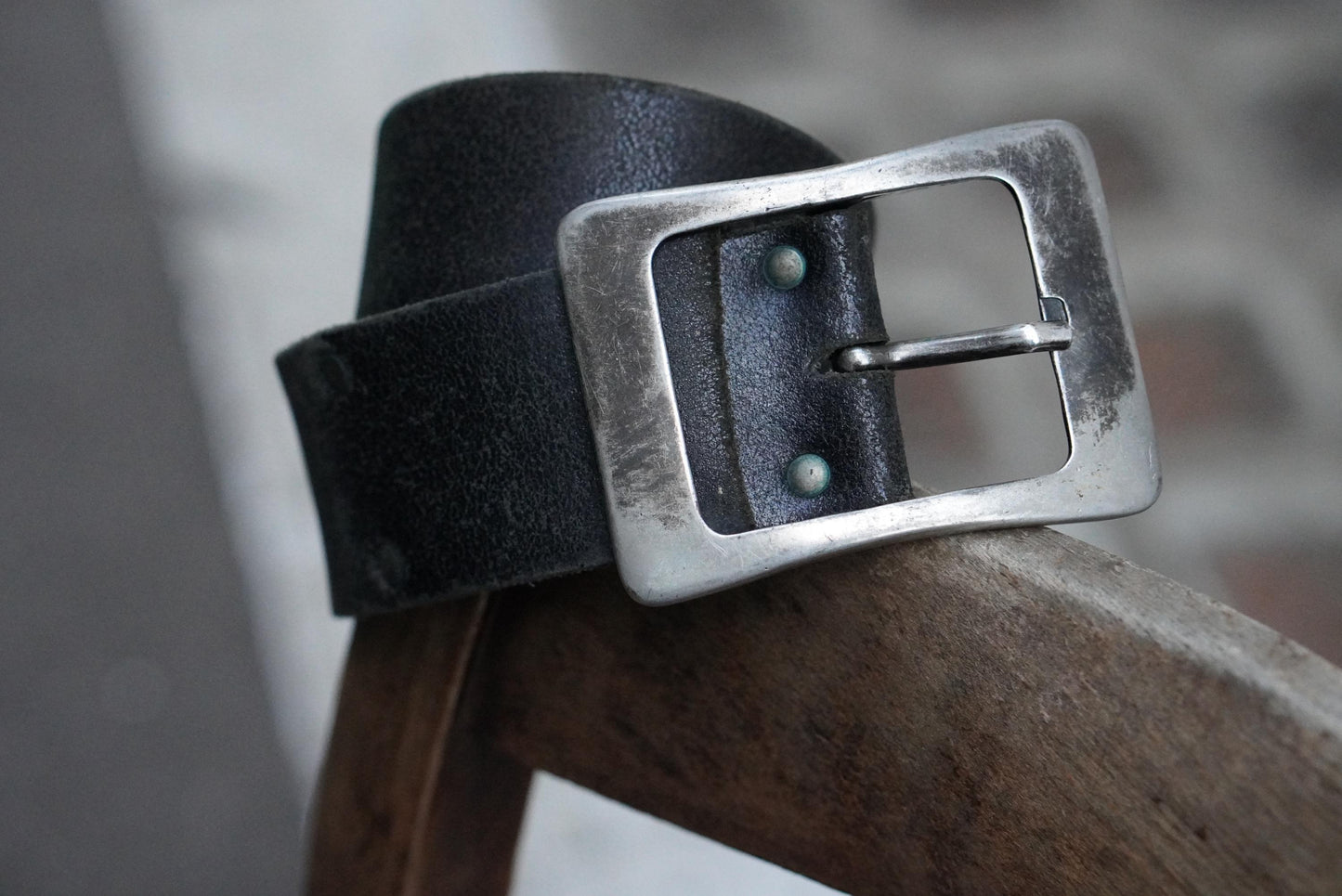 Vintage Black Leather Belt 36 90 Silver Rectangular Buckle Distressed Grunge 90s