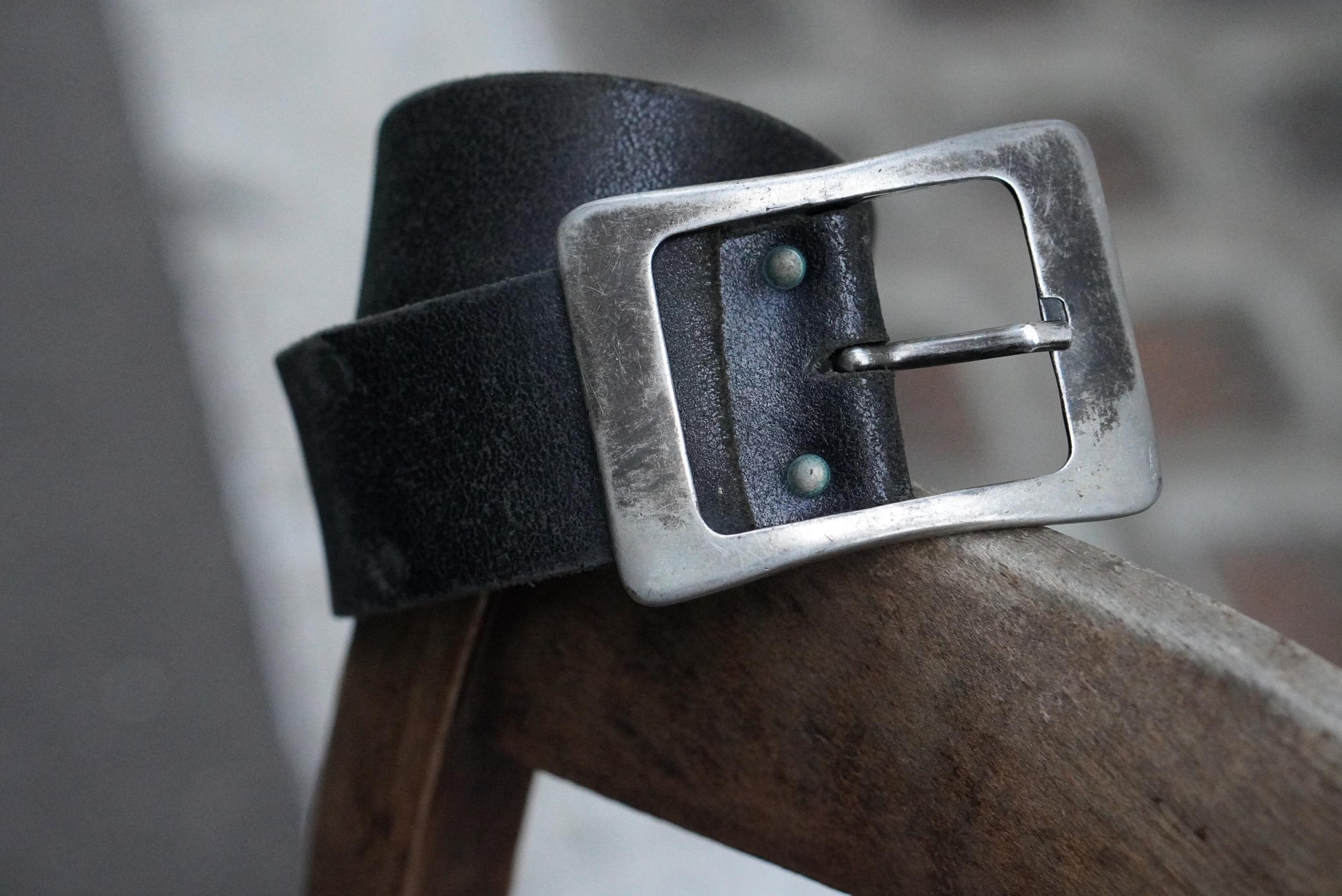 Vintage Black Leather Belt 36 90 Silver Rectangular Buckle Distressed Grunge 90s