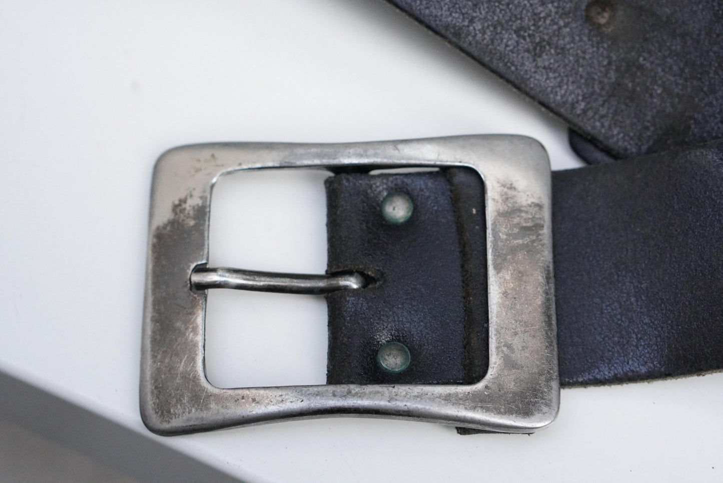 Vintage Black Leather Belt 36 90 Silver Rectangular Buckle Distressed Grunge 90s