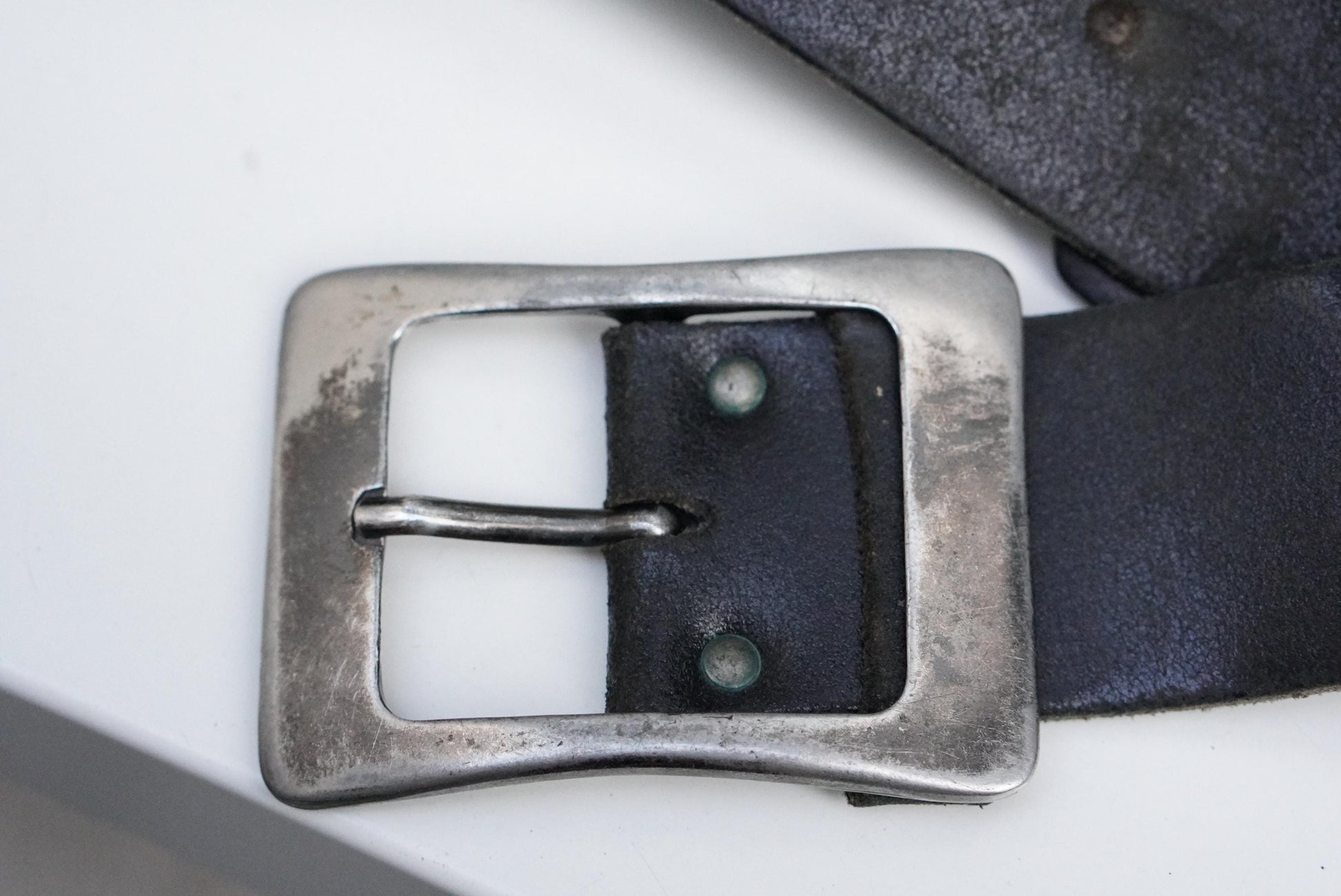 Vintage Black Leather Belt 36 90 Silver Rectangular Buckle Distressed Grunge 90s