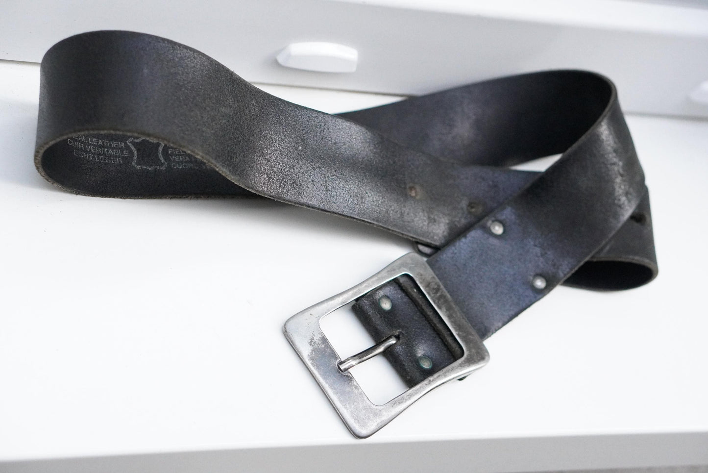 Vintage Black Leather Belt 36 90 Silver Rectangular Buckle Distressed Grunge 90s