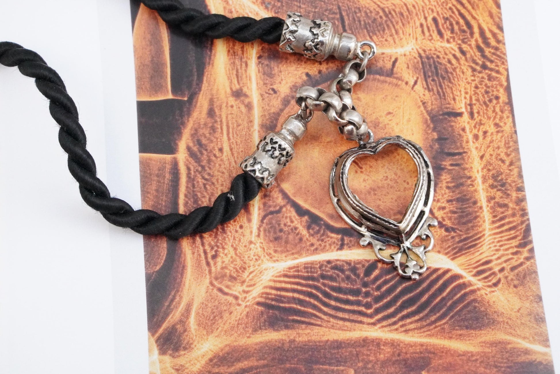 Vintage Filigree Heart Pendant Necklace Black Twisted Cord Silver Tone Trachten