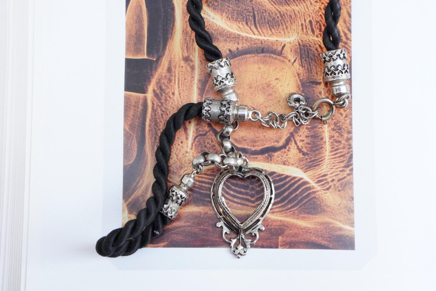 Vintage Filigree Heart Pendant Necklace Black Twisted Cord Silver Tone Trachten