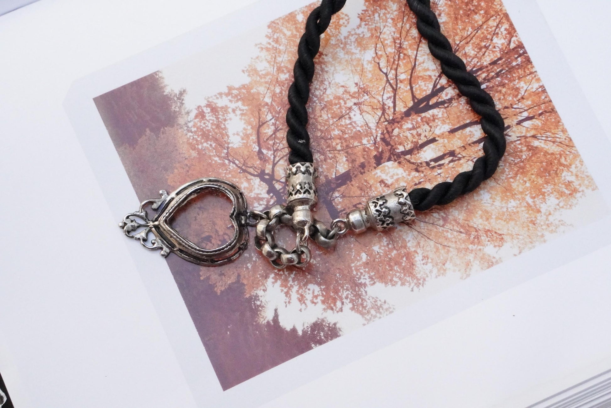 Vintage Filigree Heart Pendant Necklace Black Twisted Cord Silver Tone Trachten