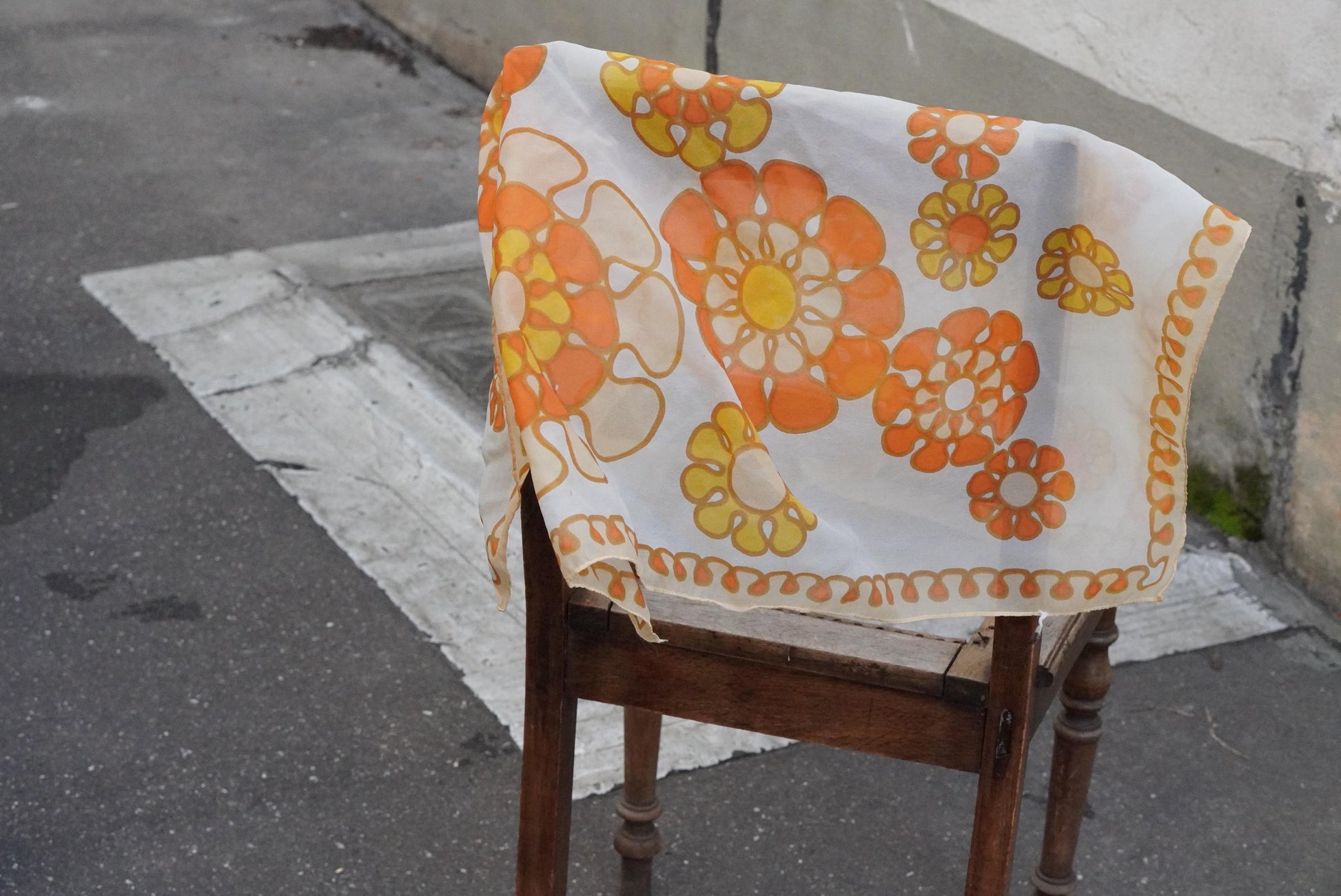 60s Floral Scarf Orange Yellow Flower Power Head Wrap Vintage Mod Sheer Neck Tie