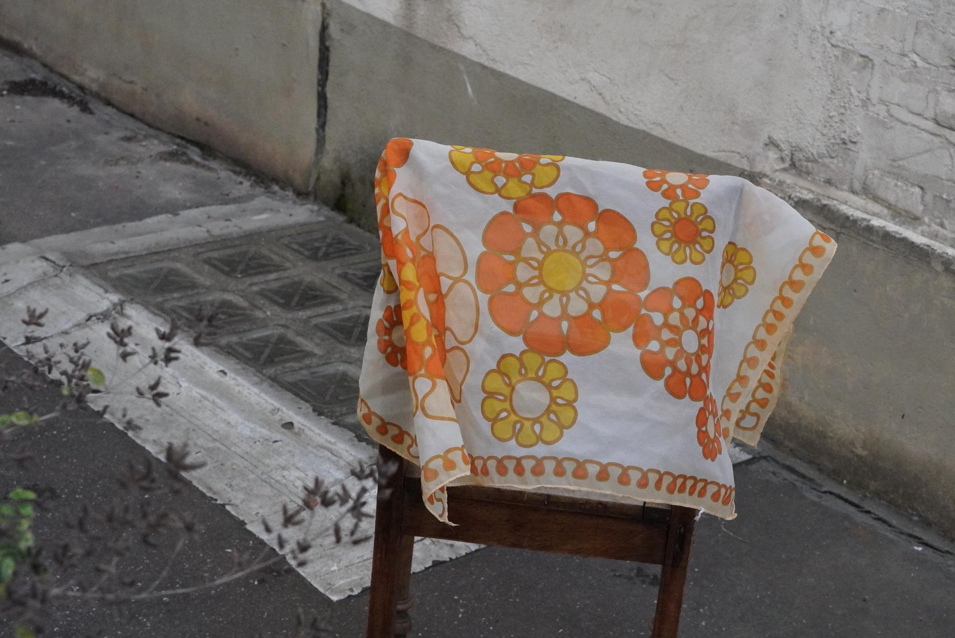 60s Floral Scarf Orange Yellow Flower Power Head Wrap Vintage Mod Sheer Neck Tie