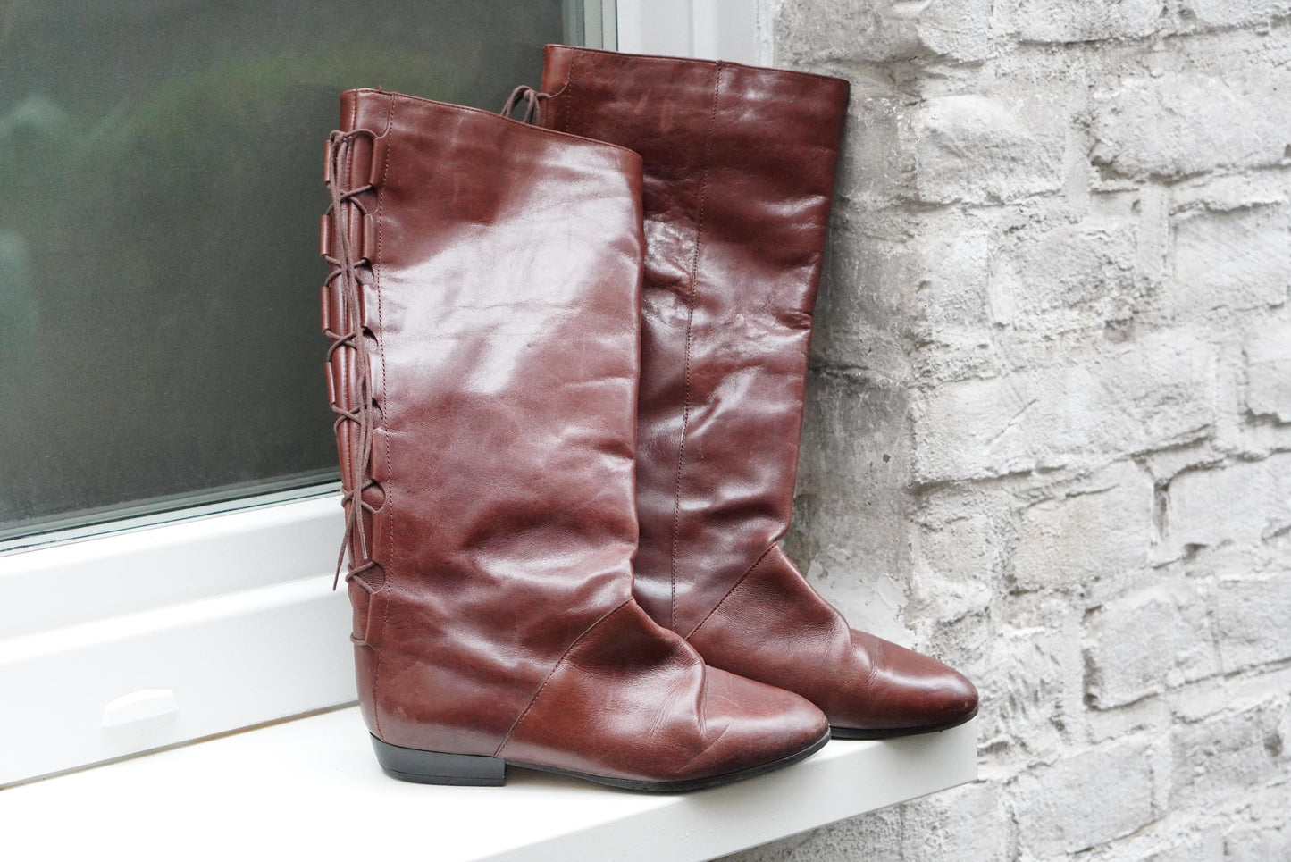 Vintage Brown Leather Slouch Boots, Lace Up Back, EU 37, Boho Pirate Style