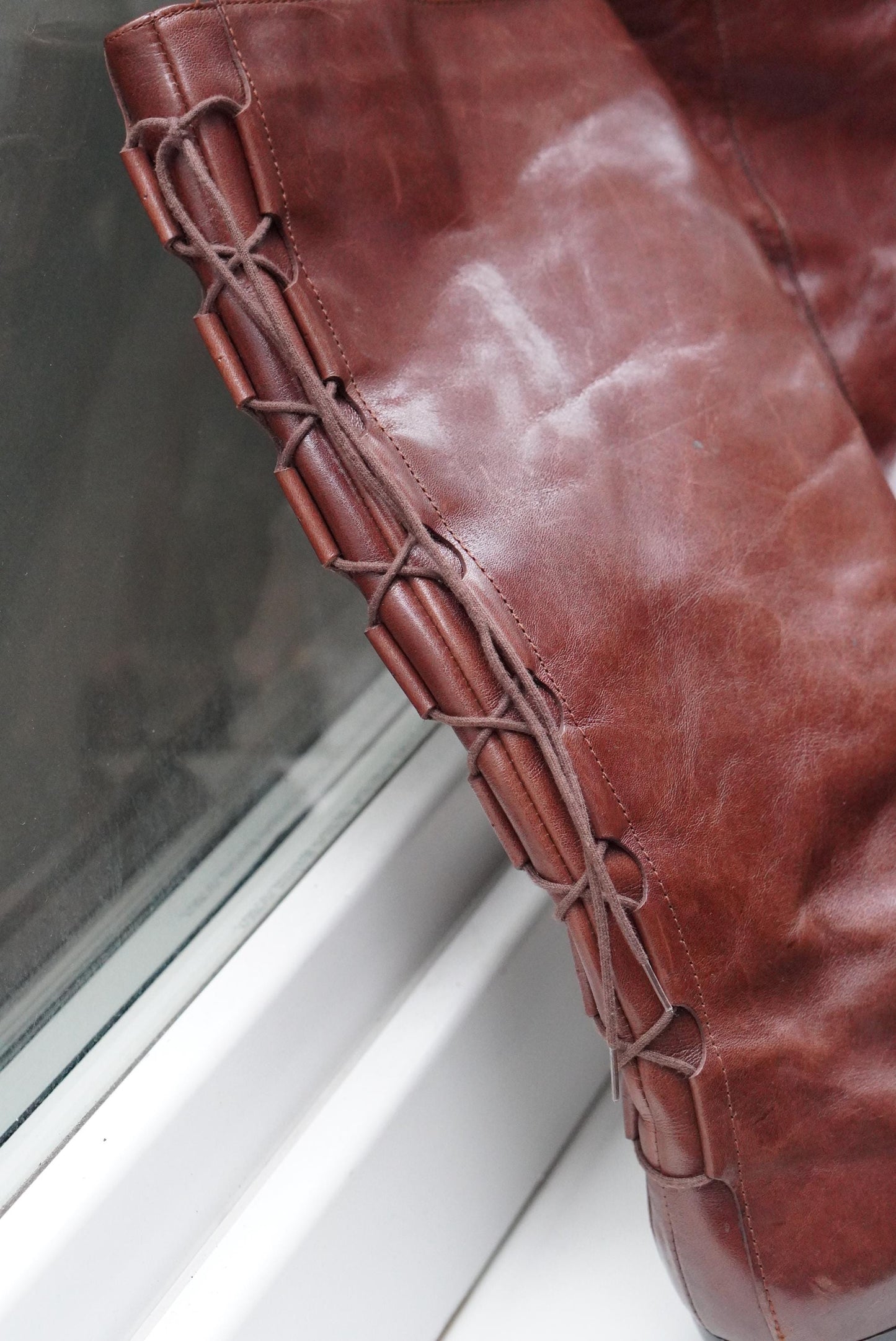 Vintage Brown Leather Slouch Boots, Lace Up Back, EU 37, Boho Pirate Style