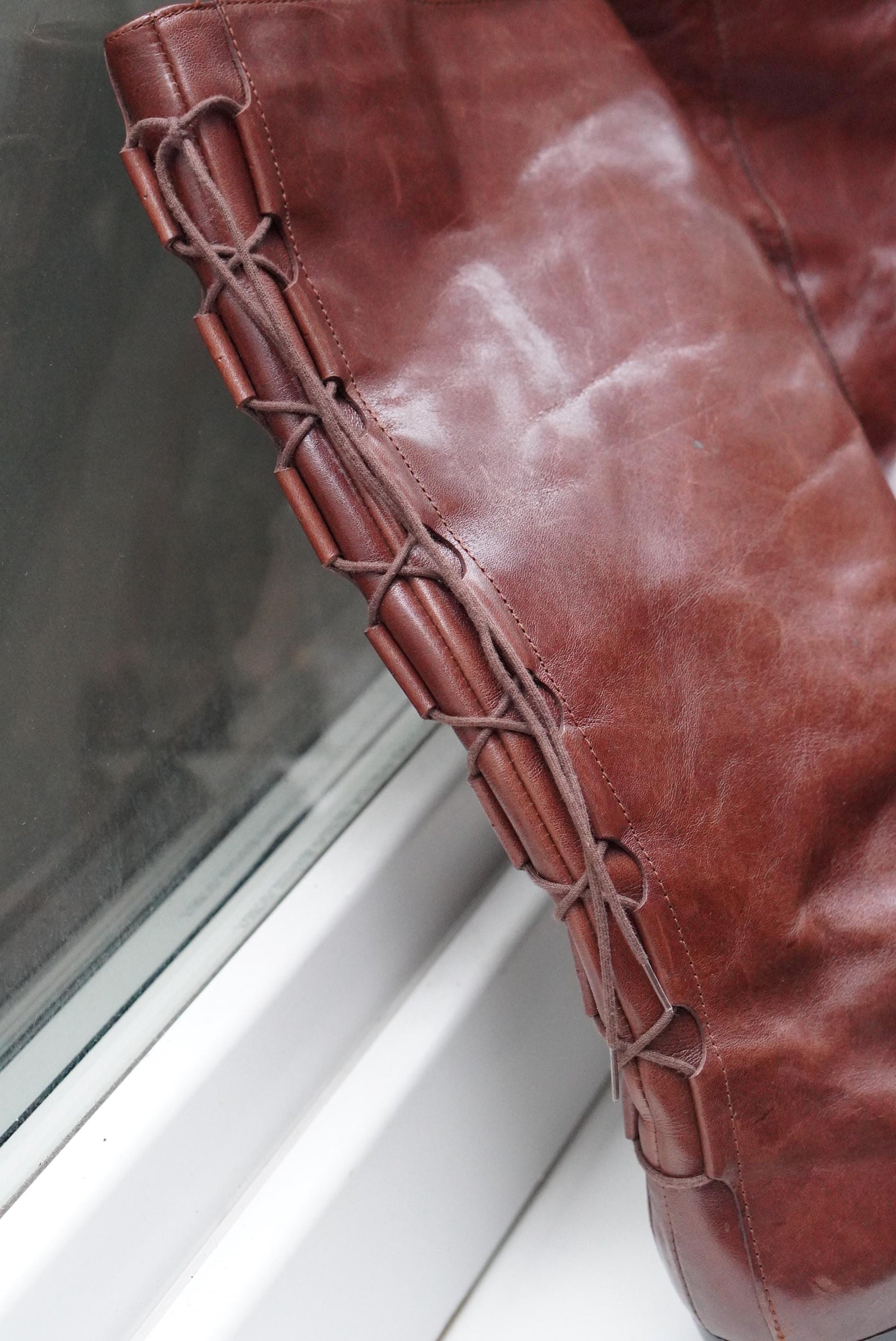 Vintage Brown Leather Slouch Boots, Lace Up Back, EU 37, Boho Pirate Style