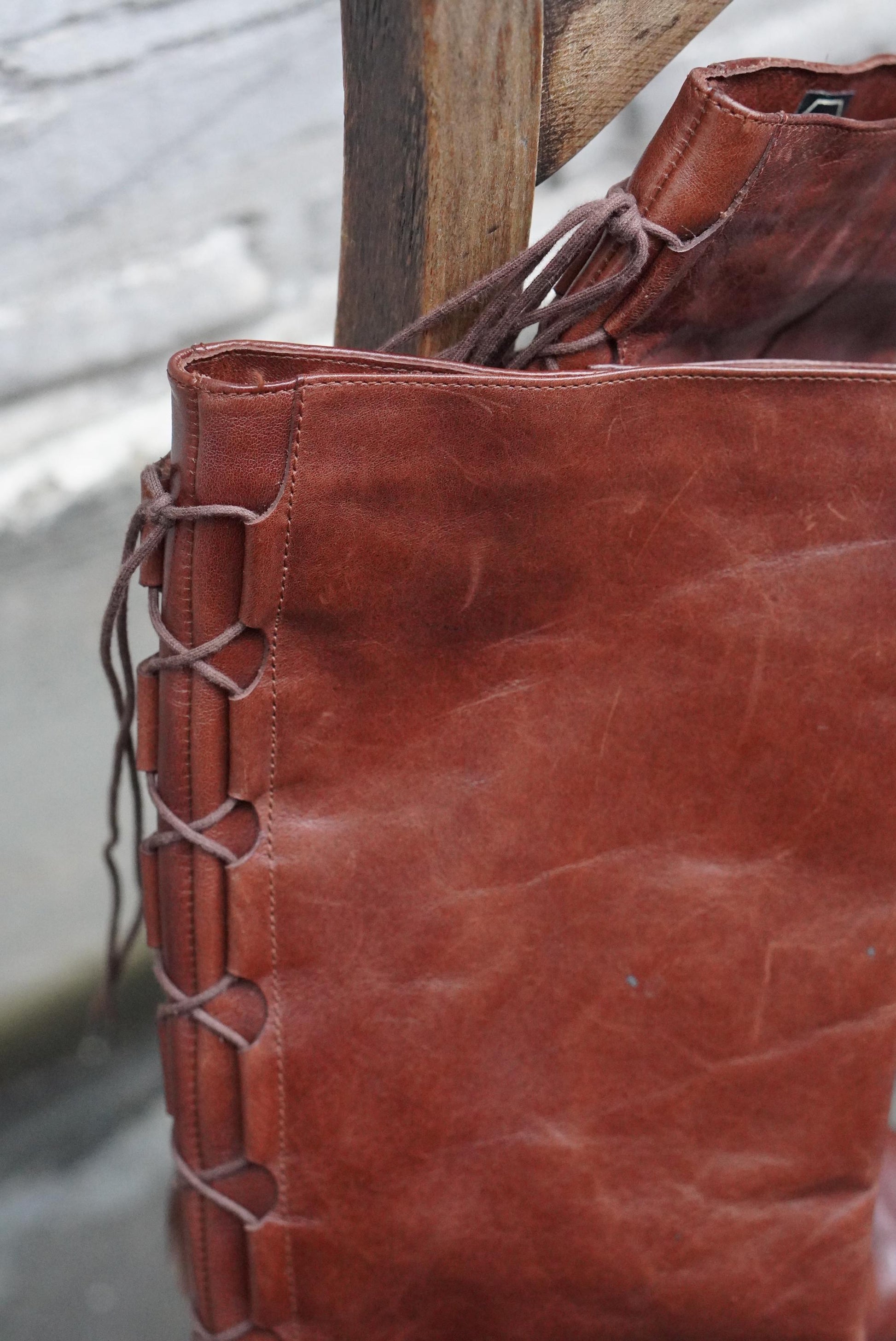 Vintage Brown Leather Slouch Boots, Lace Up Back, EU 37, Boho Pirate Style