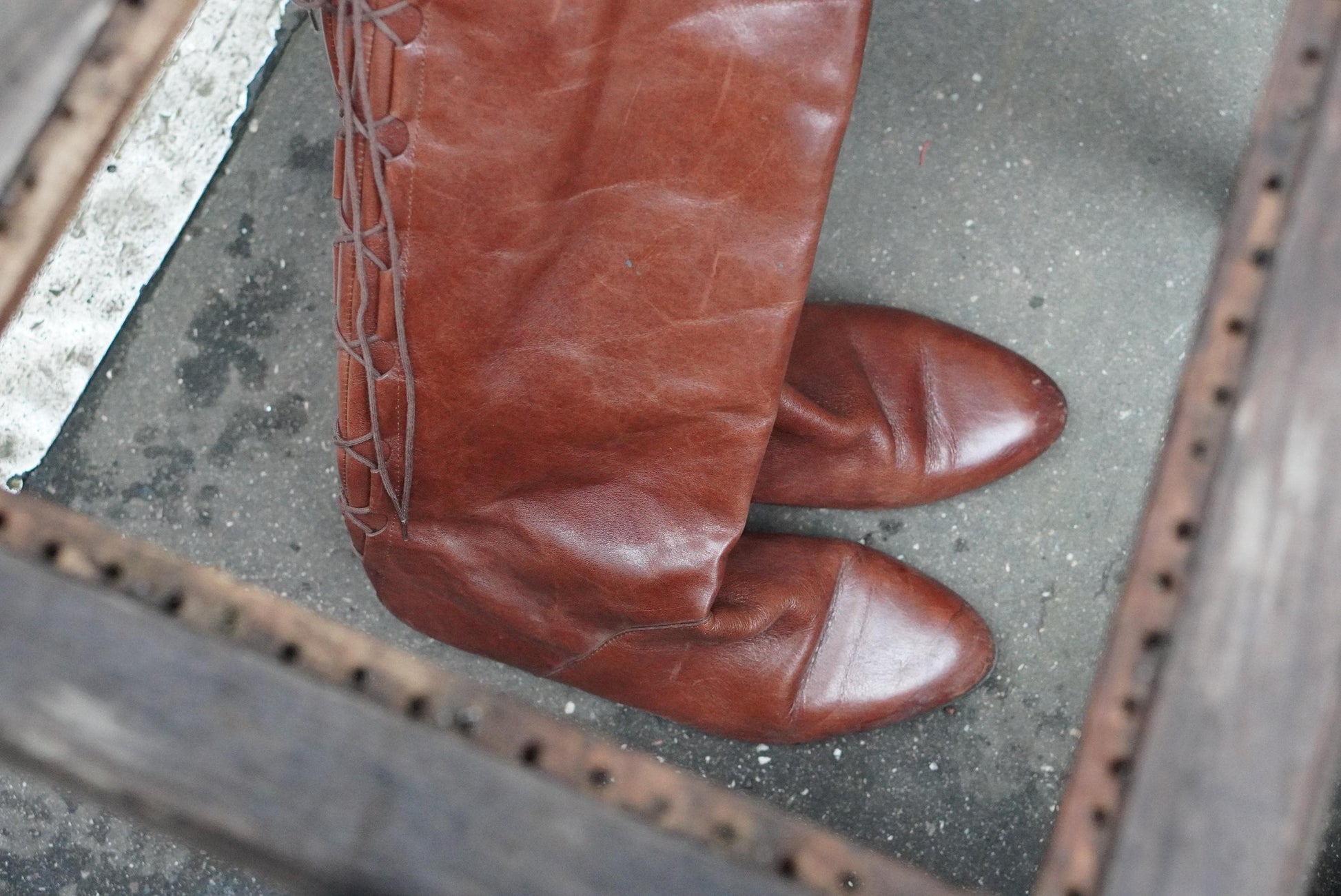 Vintage Brown Leather Slouch Boots, Lace Up Back, EU 37, Boho Pirate Style