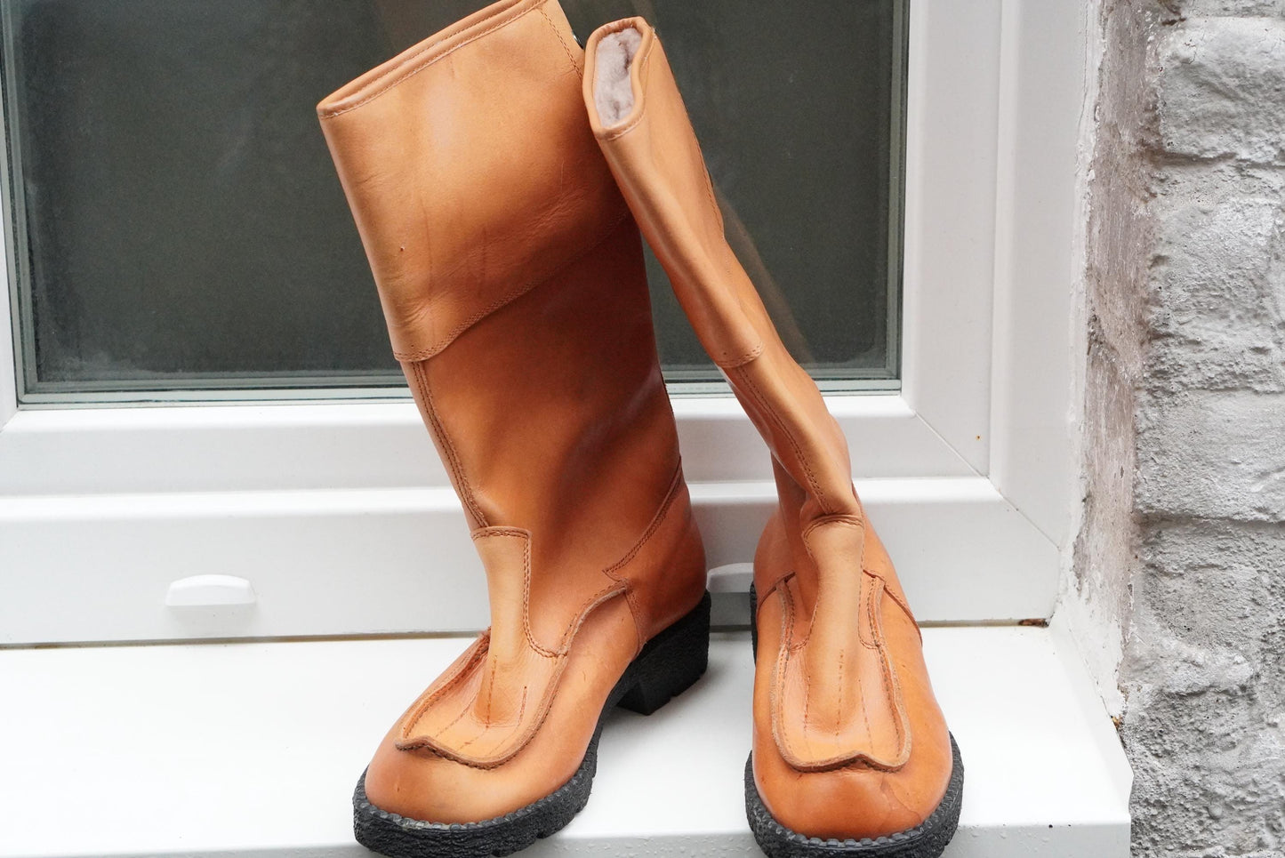 Vintage Tan Leather Moc Toe Tall Boots – 70s Nautical Style Size 37