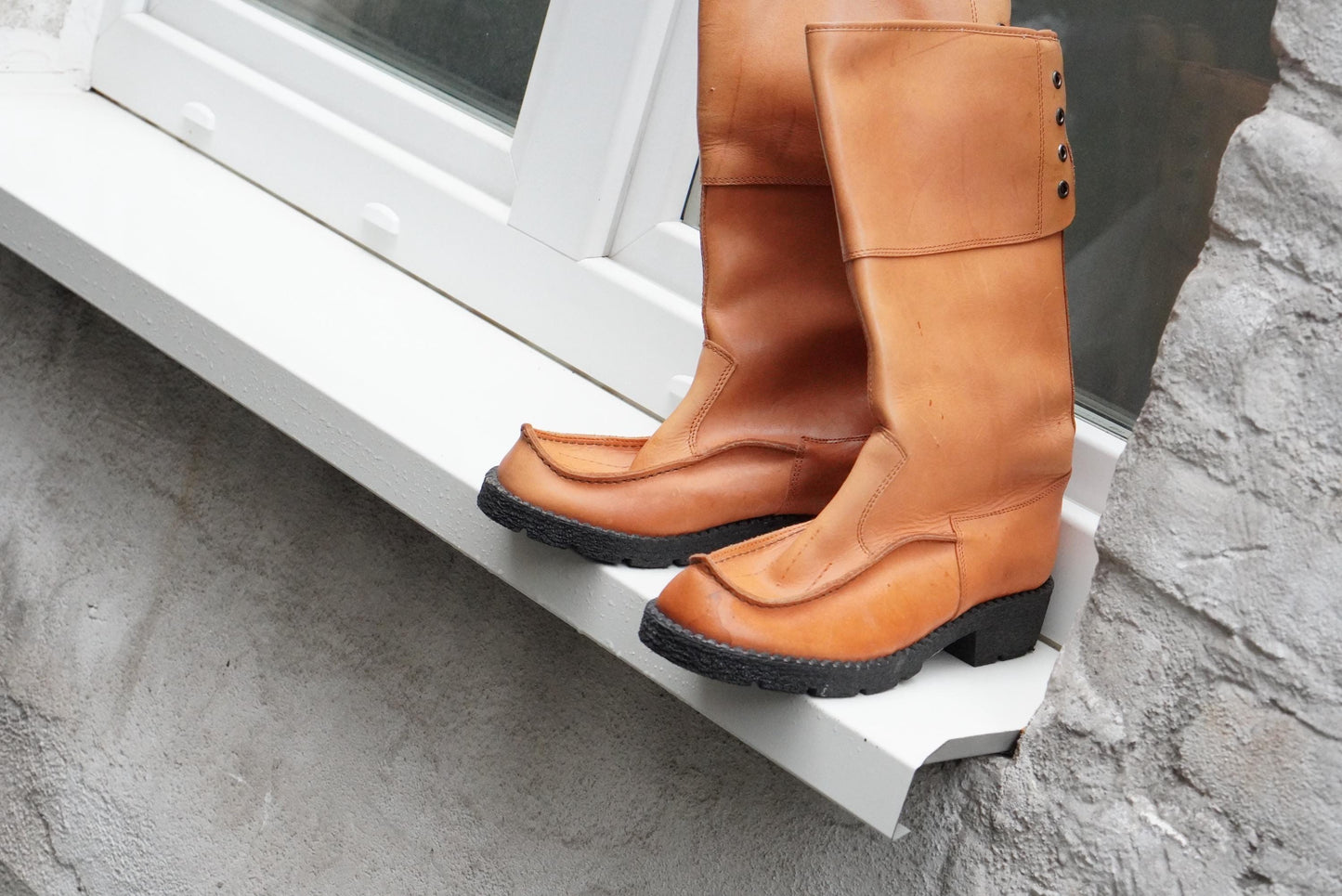 Vintage Tan Leather Moc Toe Tall Boots – 70s Nautical Style Size 37