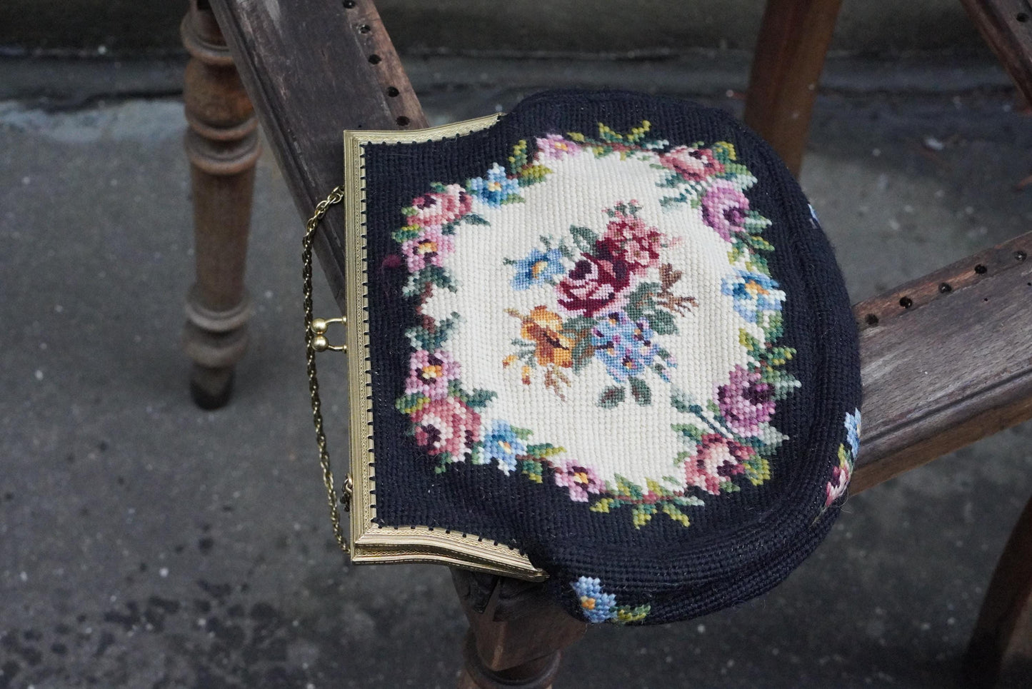 Vintage Needlepoint Handbag Floral Petit Point Purse Gold Tone Frame 1950s Evening