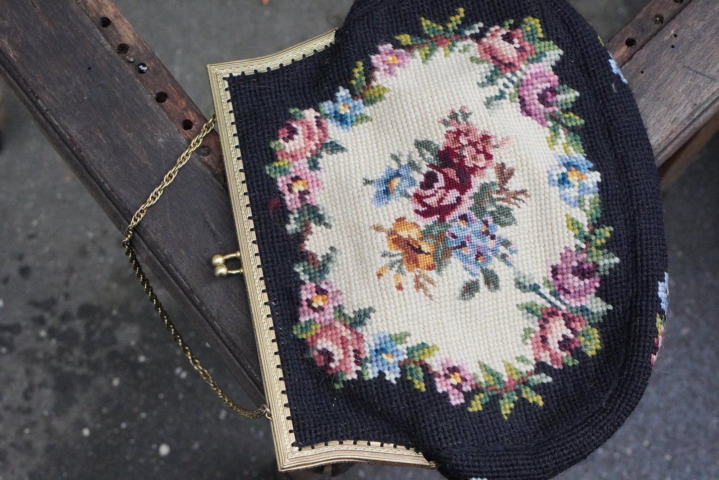 Vintage Needlepoint Handbag Floral Petit Point Purse Gold Tone Frame 1950s Evening