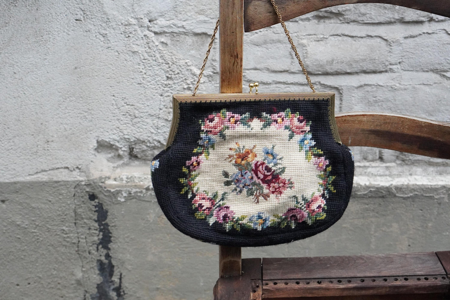 Vintage Needlepoint Handbag Floral Petit Point Purse Gold Tone Frame 1950s Evening
