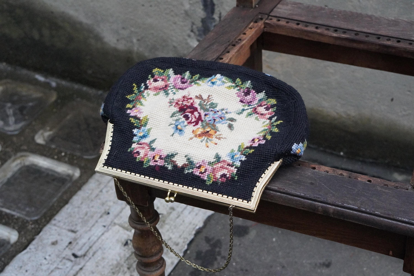 Vintage Needlepoint Handbag Floral Petit Point Purse Gold Tone Frame 1950s Evening