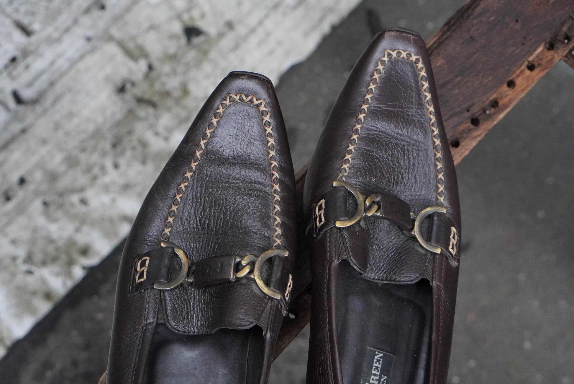 Vintage Paul Green Loafers Brown Leather Metal Bit Detail Pointed Toe Shoes 38