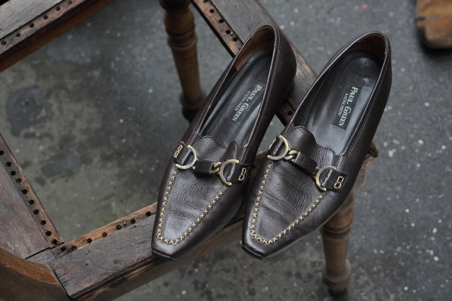 Vintage Paul Green Loafers Brown Leather Metal Bit Detail Pointed Toe Shoes 38