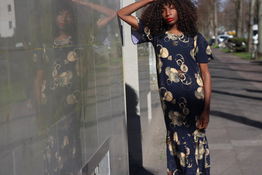 Vintage Navy Abstract Print Maxi Dress Ruffle Hem Drop Waist Boho Art Deco Style
