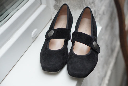 Black Suede Mary Jane Pumps: Square Toe Block Heel Shoes (UK 6)
