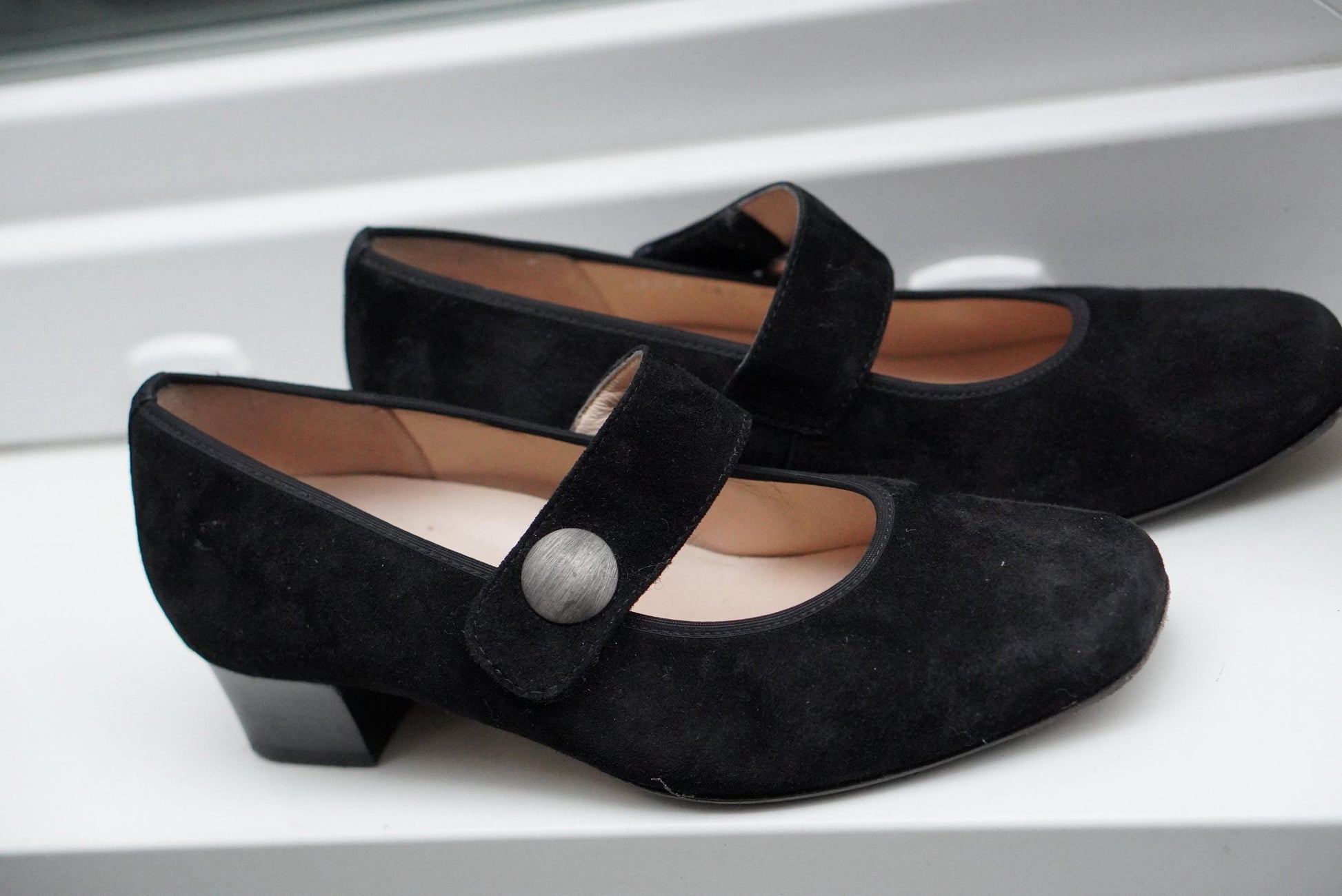 Black Suede Mary Jane Pumps: Square Toe Block Heel Shoes (UK 6)