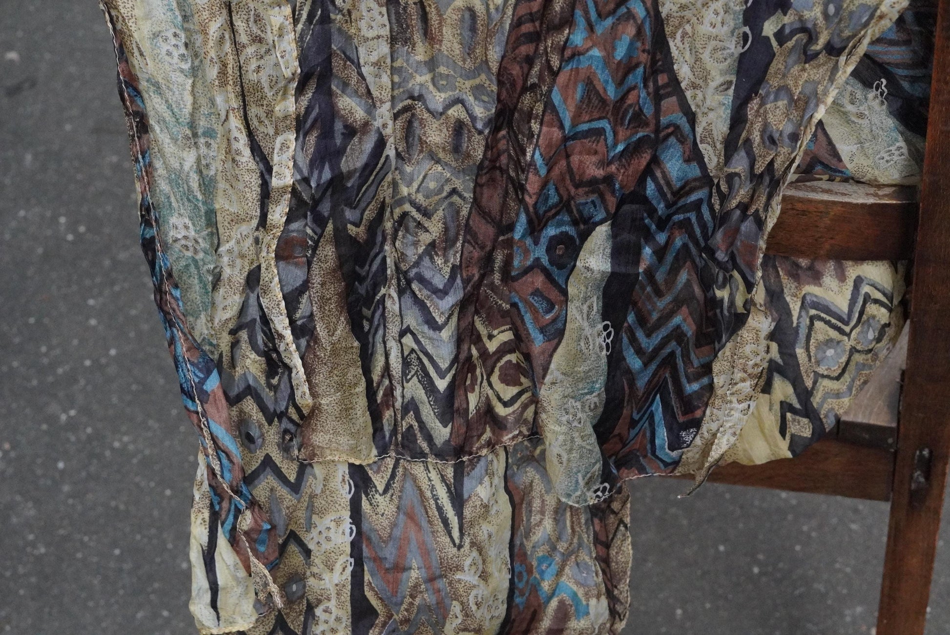 Vintage Geometric Silk Scarf Earthy Brown Abstract Print Boho Neck Head Scarf 70s