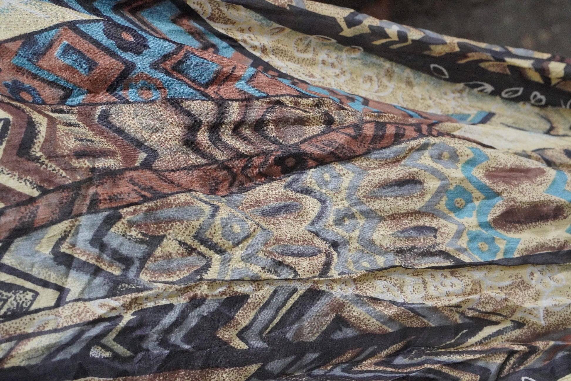 Vintage Geometric Silk Scarf Earthy Brown Abstract Print Boho Neck Head Scarf 70s