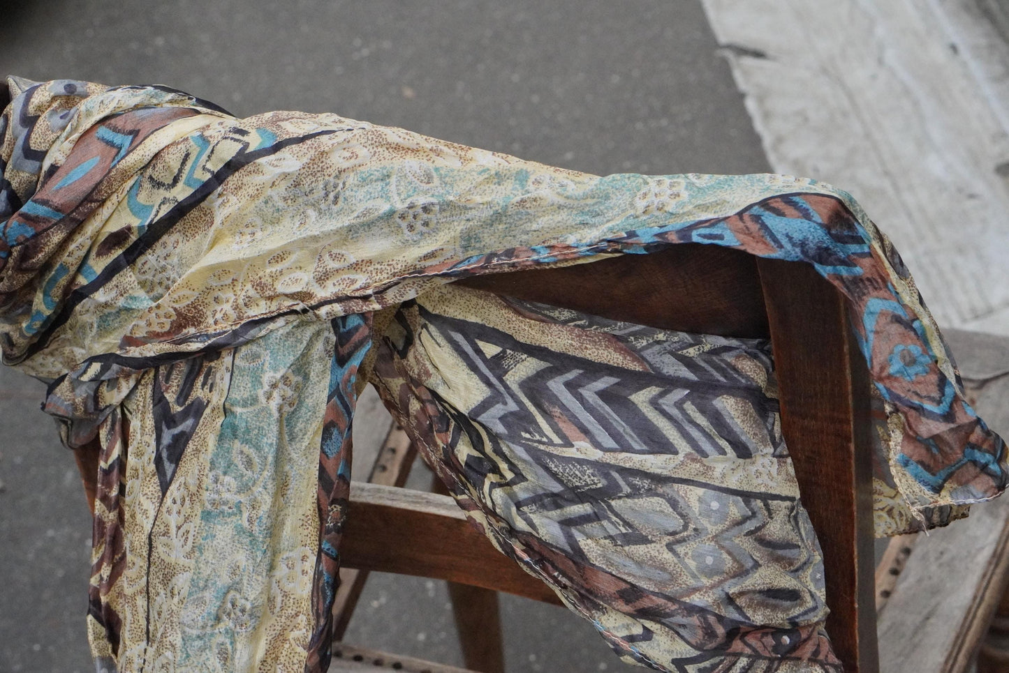 Vintage Geometric Silk Scarf Earthy Brown Abstract Print Boho Neck Head Scarf 70s