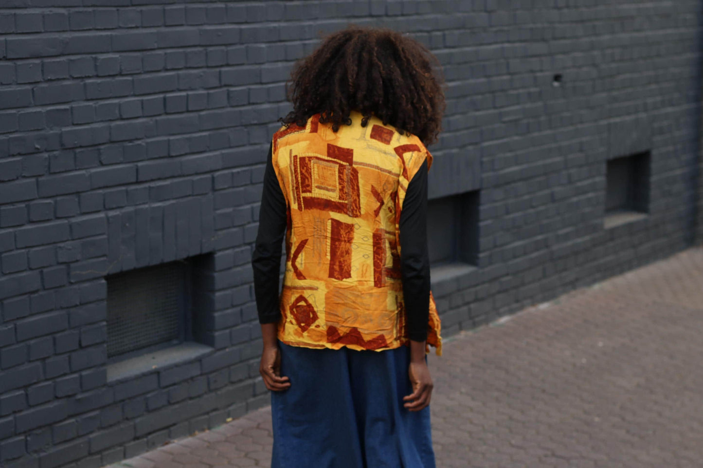 Vintage Print Vest Top Yellow Geometric Pattern Sleeveless Retro Art Vest