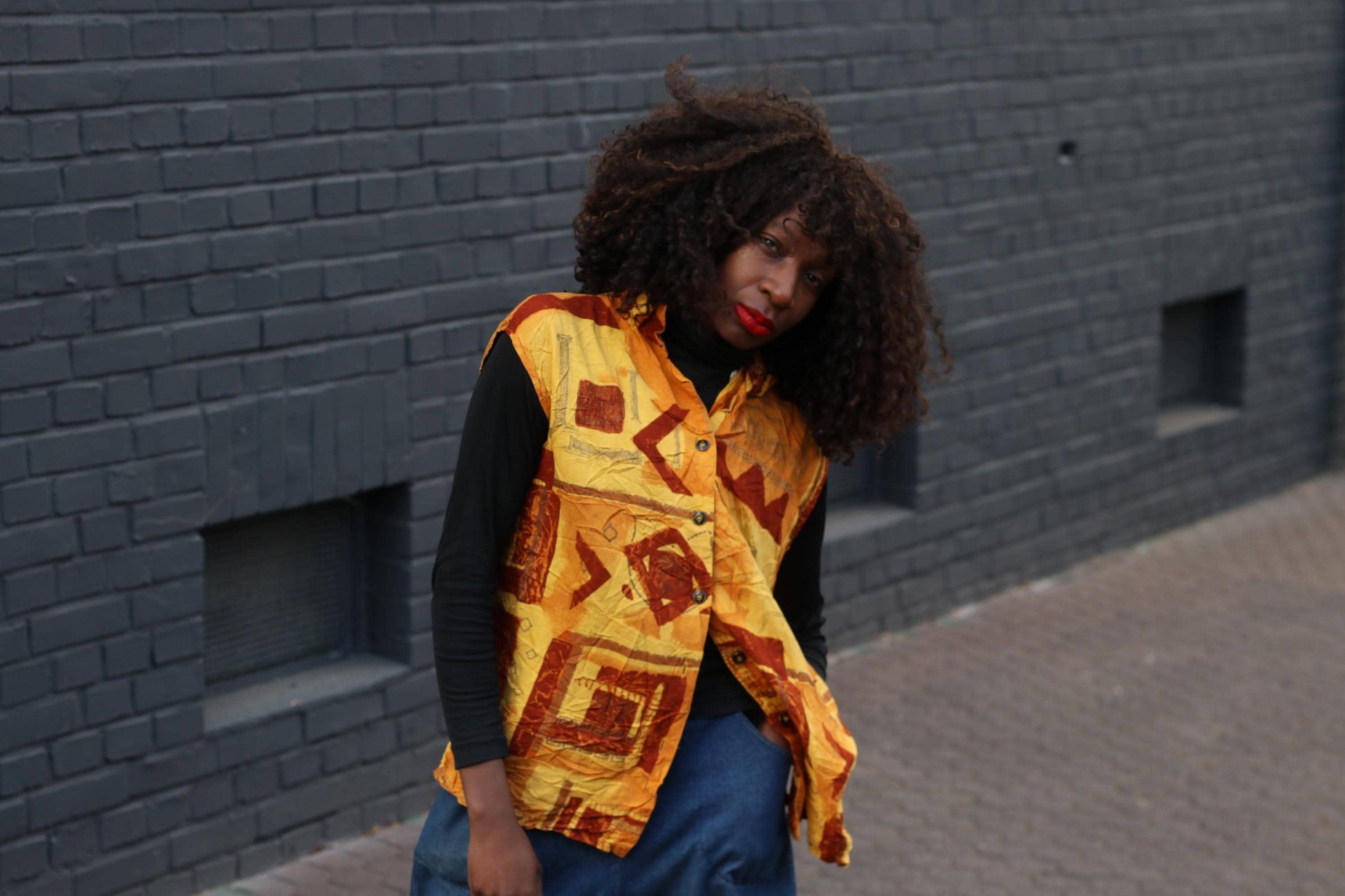 Vintage Print Vest Top Yellow Geometric Pattern Sleeveless Retro Art Vest