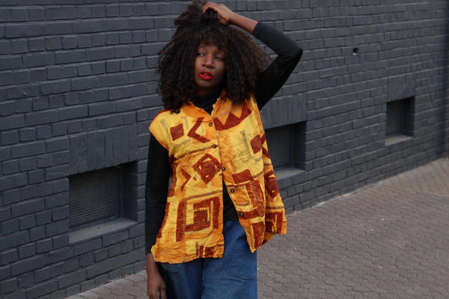 Vintage Print Vest Top Yellow Geometric Pattern Sleeveless Retro Art Vest