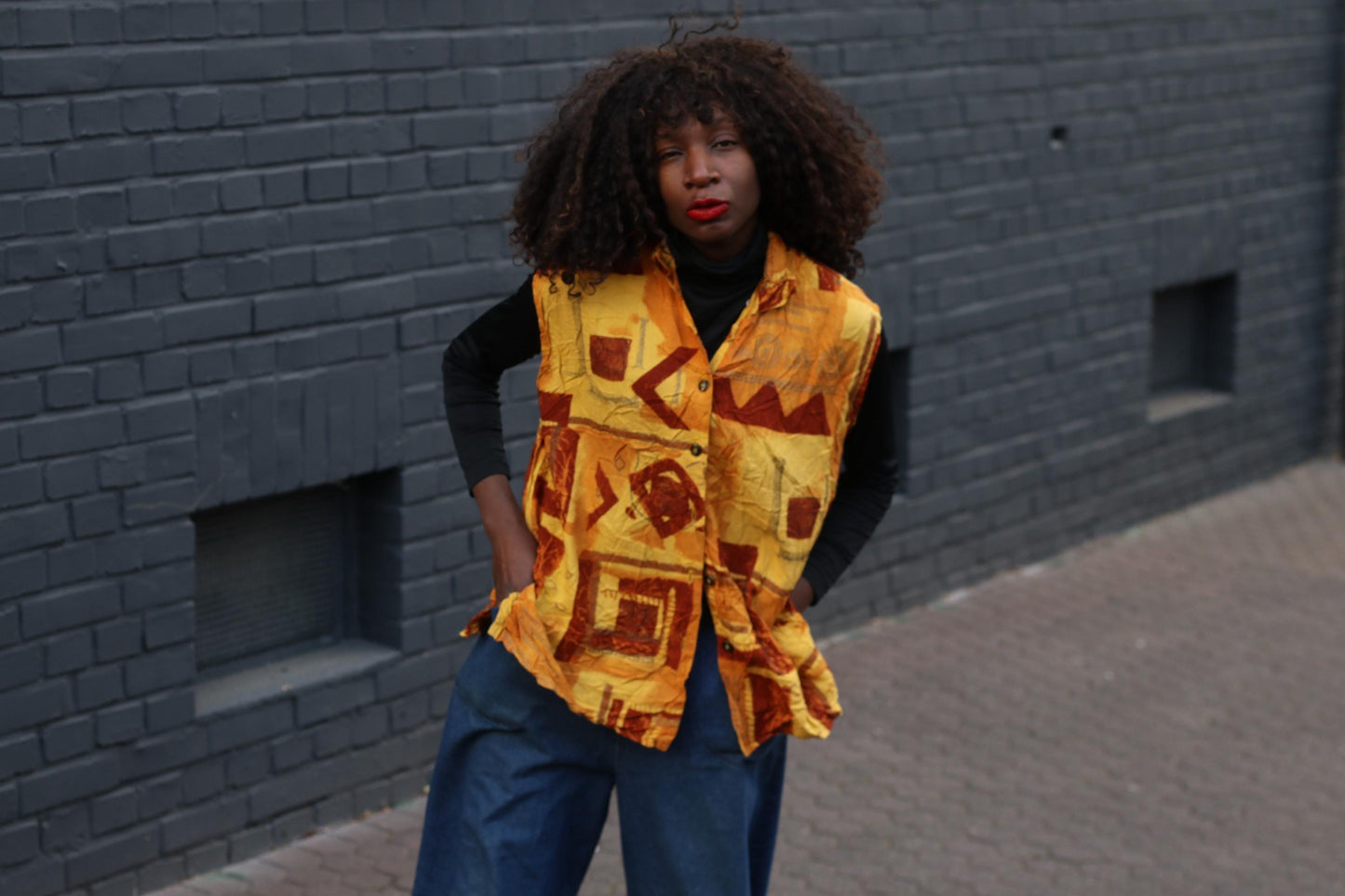 Vintage Print Vest Top Yellow Geometric Pattern Sleeveless Retro Art Vest