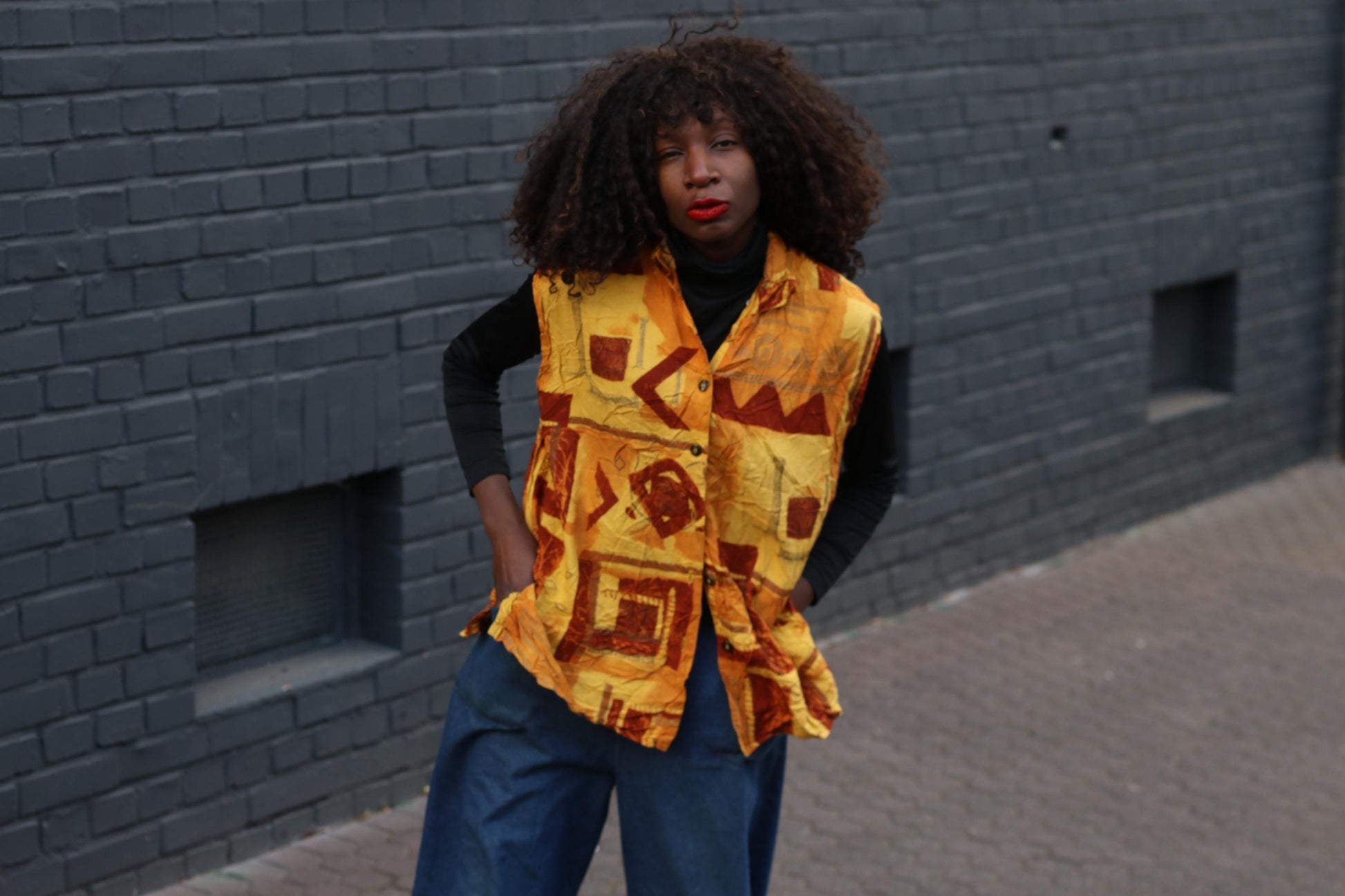Vintage Print Vest Top Yellow Geometric Pattern Sleeveless Retro Art Vest