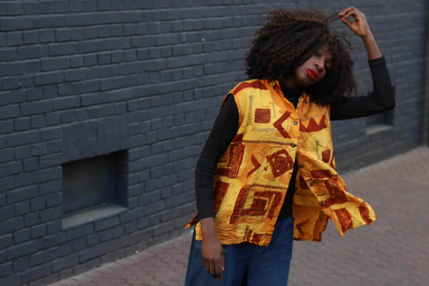 Vintage Print Vest Top Yellow Geometric Pattern Sleeveless Retro Art Vest
