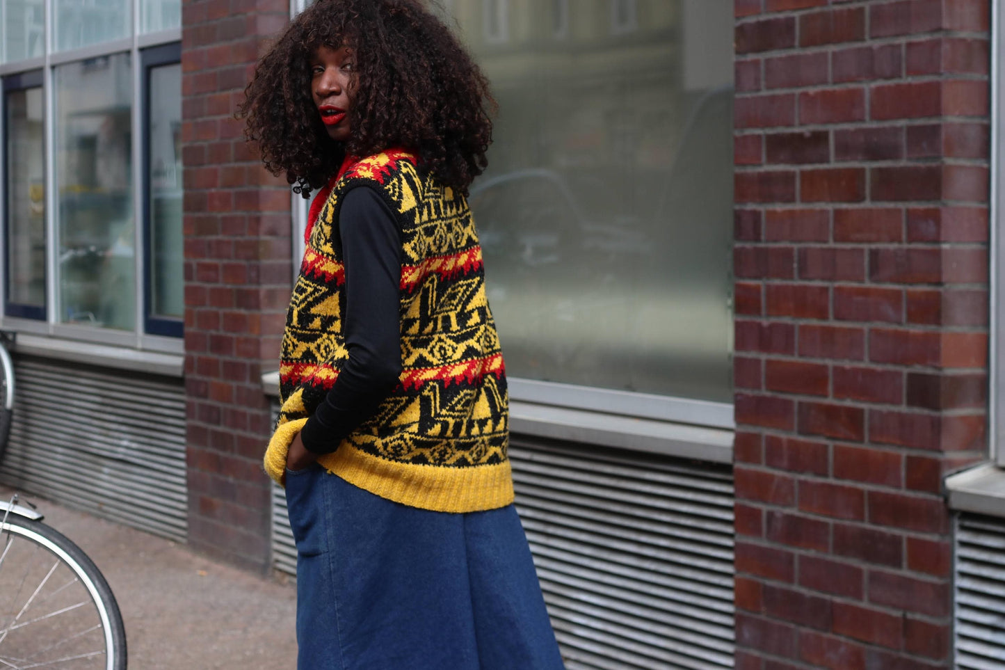 Vintage Handmade Knit Vest Bird Motif Yellow Red Black Boho Artisanal Sweater Tank
